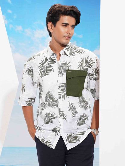 White Olive Leaf Printed Pocket Contrast Drop Shoulder Shirt
