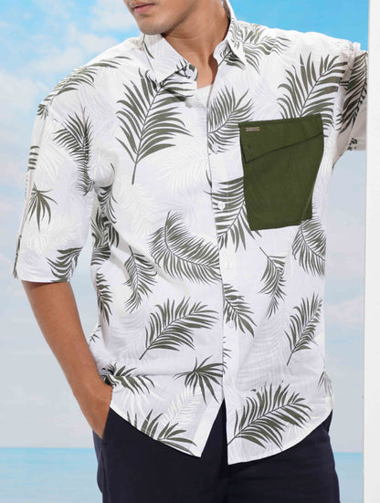 White Olive Leaf Printed Pocket Contrast Drop Shoulder Shirt