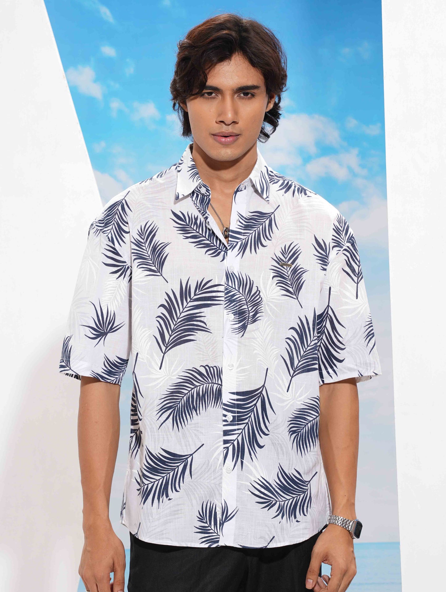 White Blue Leaf Printed Drop Shoulder Shirt