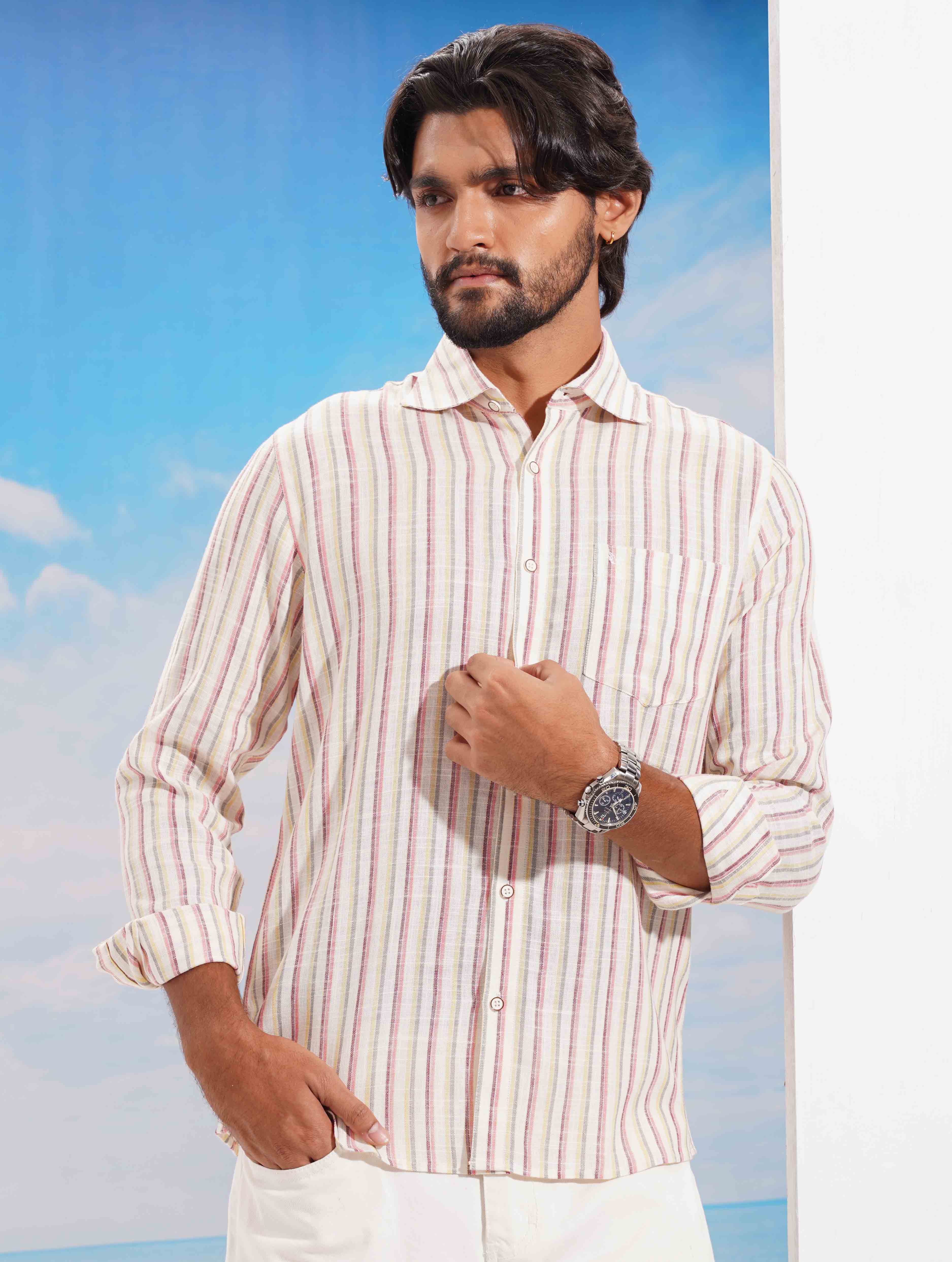 Cream Multi color classic point collar Stripe Shirt