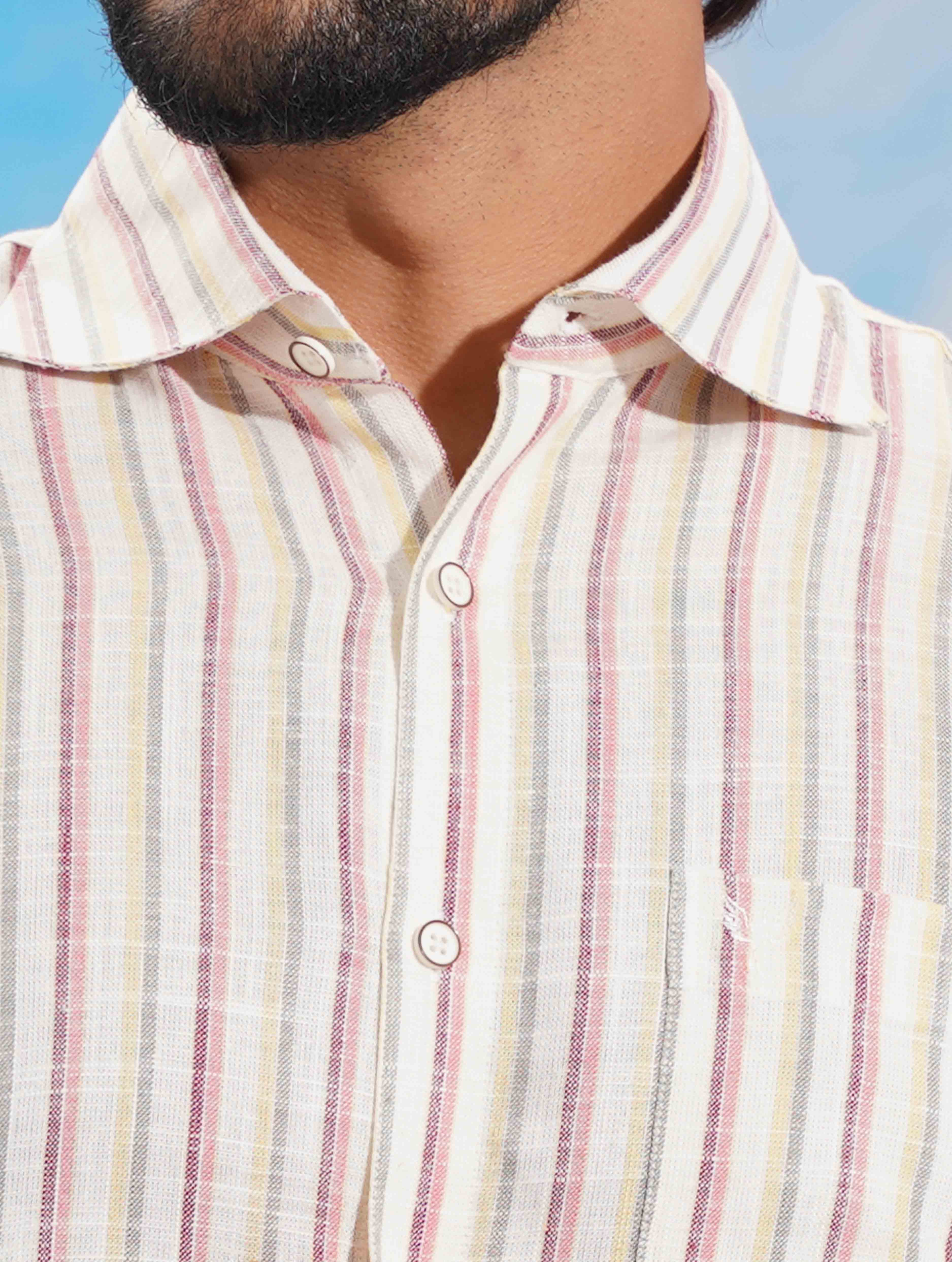 Cream Multi color classic point collar Stripe Shirt