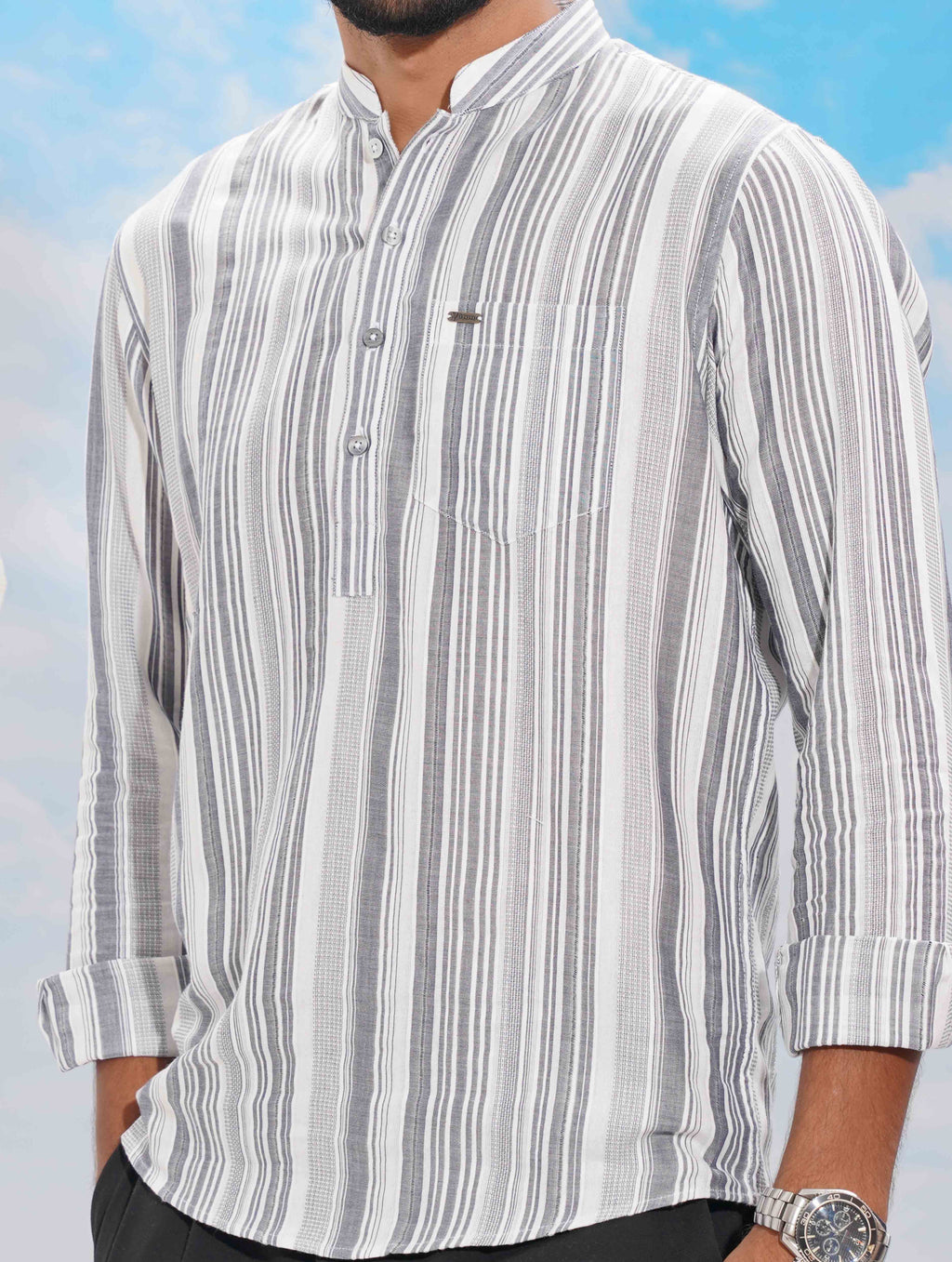 Grey White Stripe Cotton Kurta Style Shirt