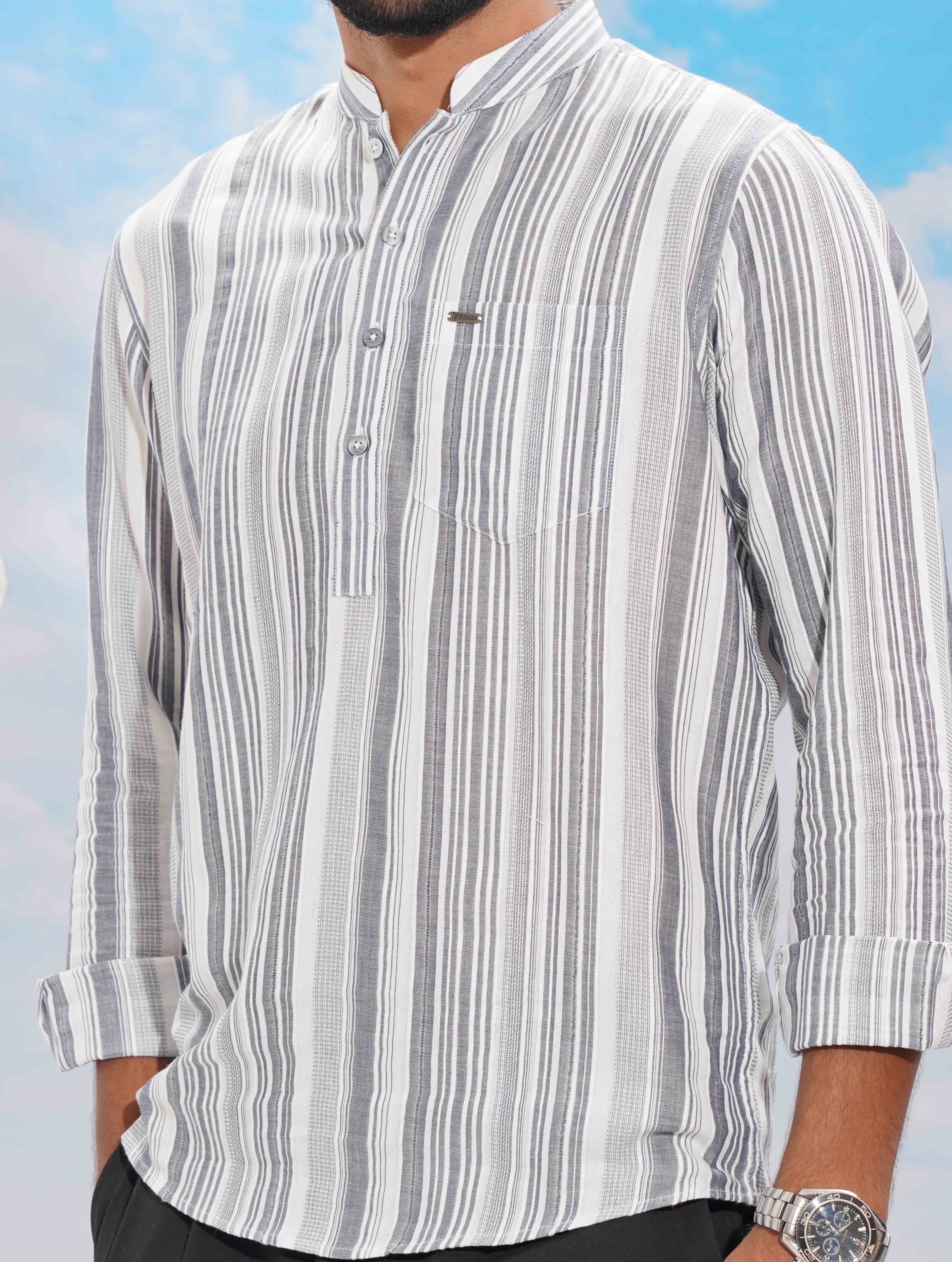 Grey White Stripe Cotton Kurta Style Shirt
