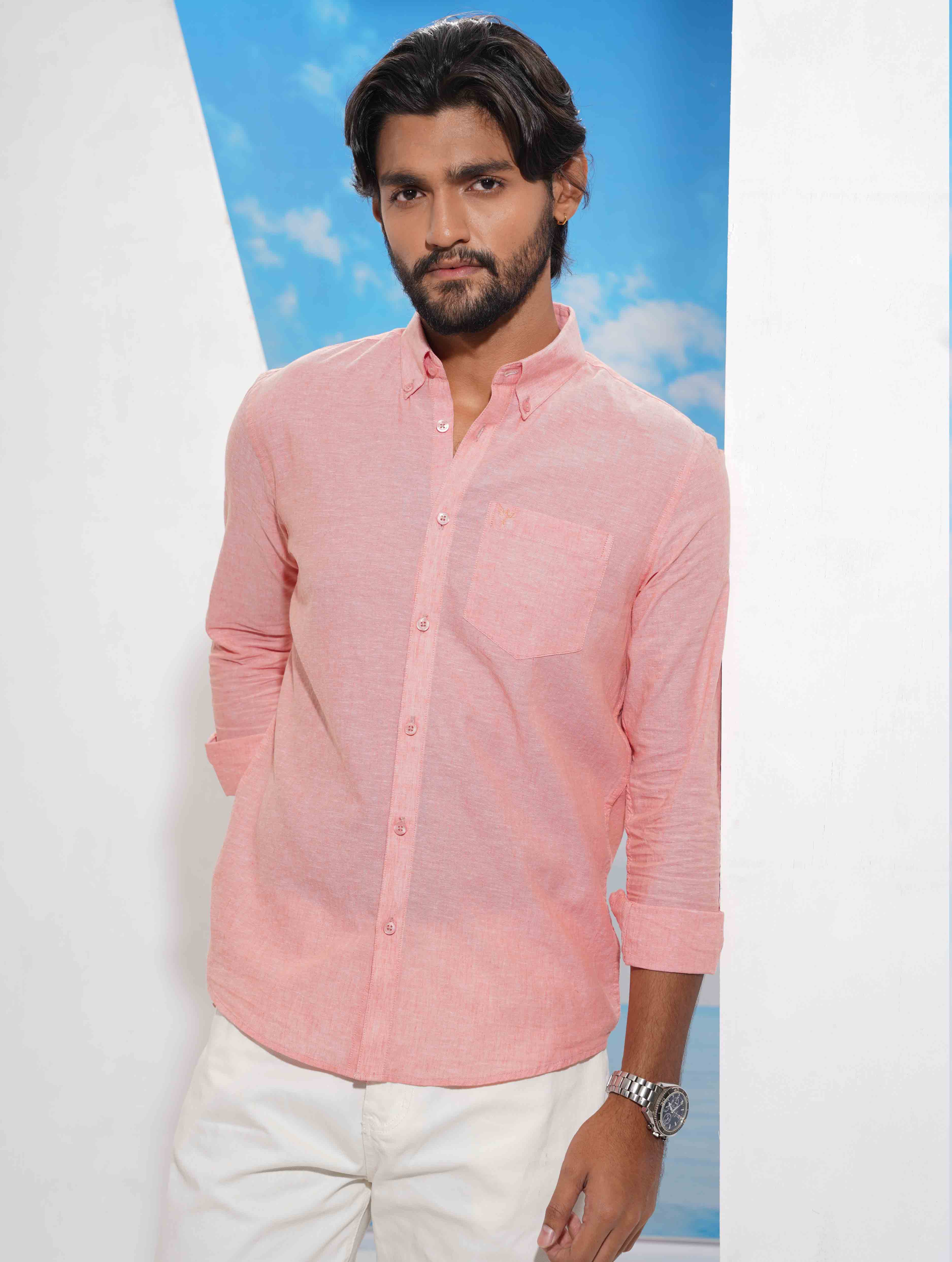 Salmon Pink Solid Remi Cotton Full sleeve Shirt