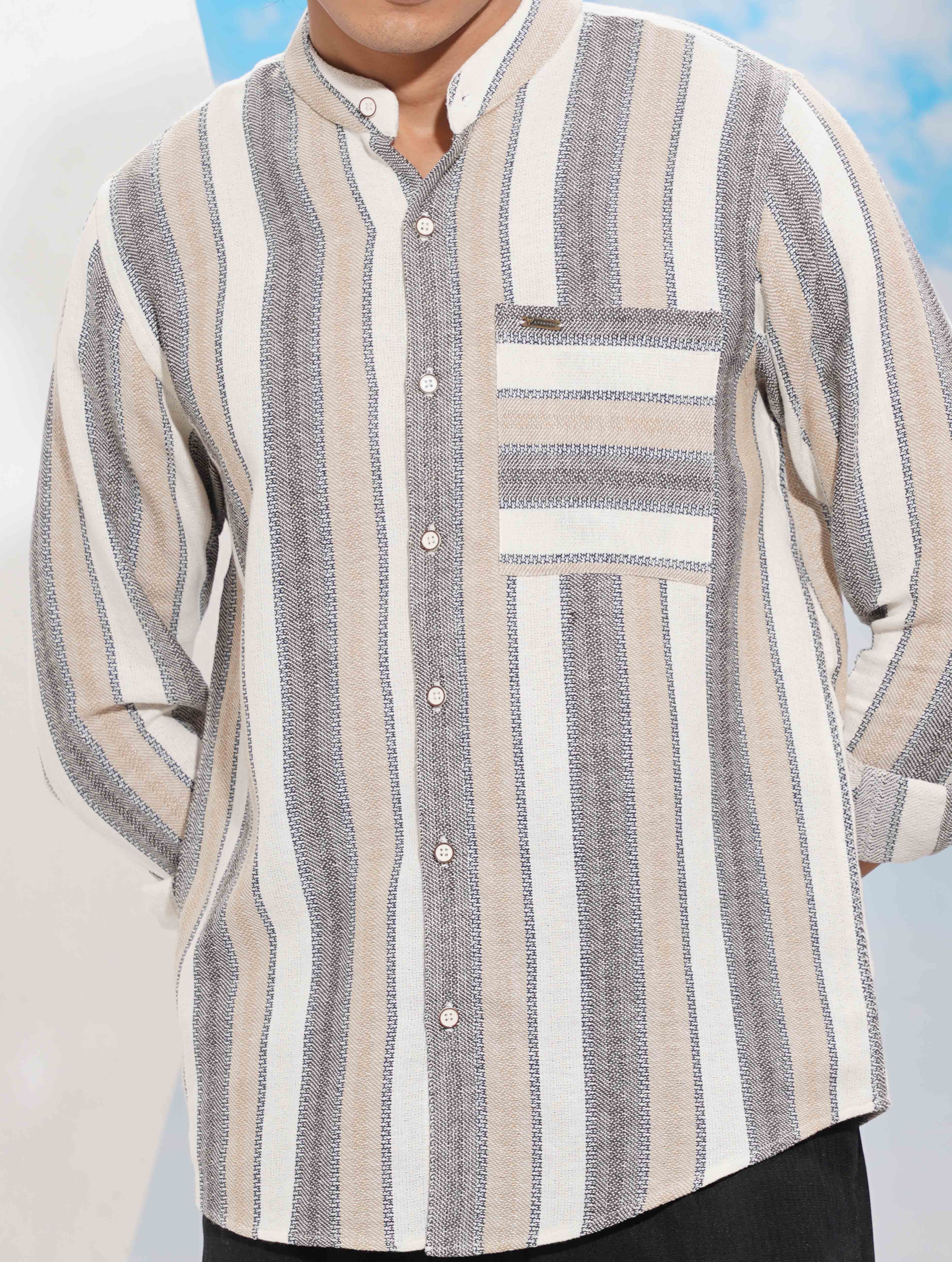 White ash cream stripe Band collar full sleeve shirt