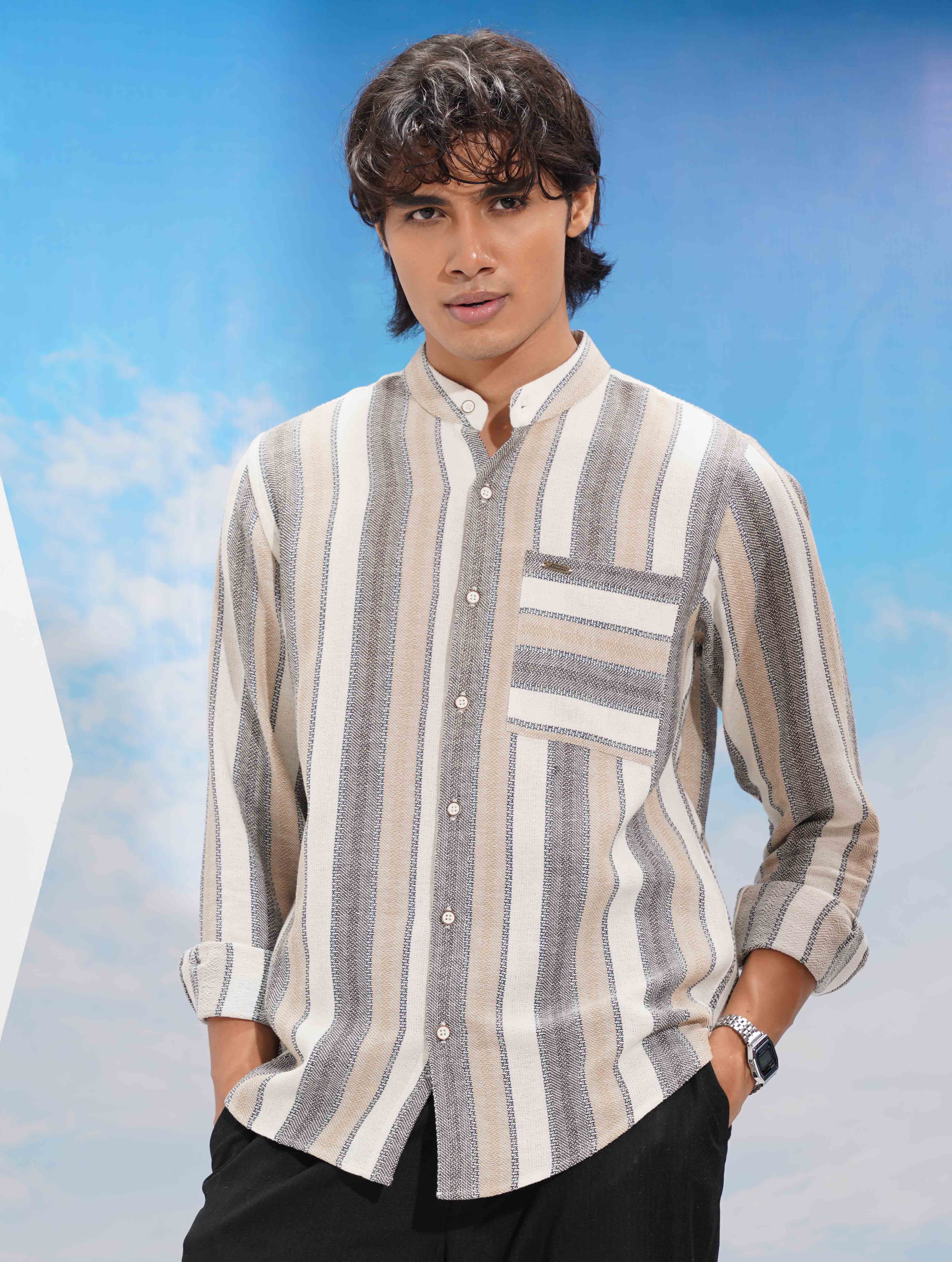 White ash cream stripe Band collar full sleeve shirt