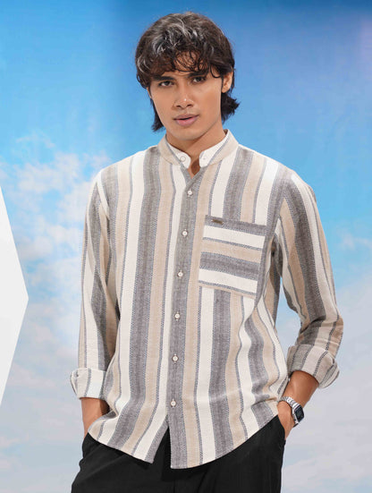 White ash cream stripe Band collar full sleeve shirt