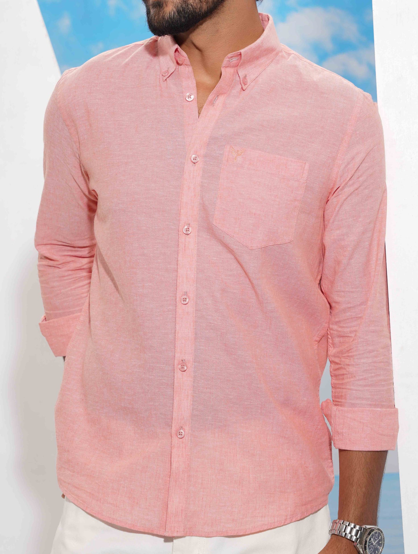 Salmon Pink Solid Remi Cotton Full sleeve Shirt