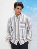 White ash sky stripe Band collar full sleeve shirt