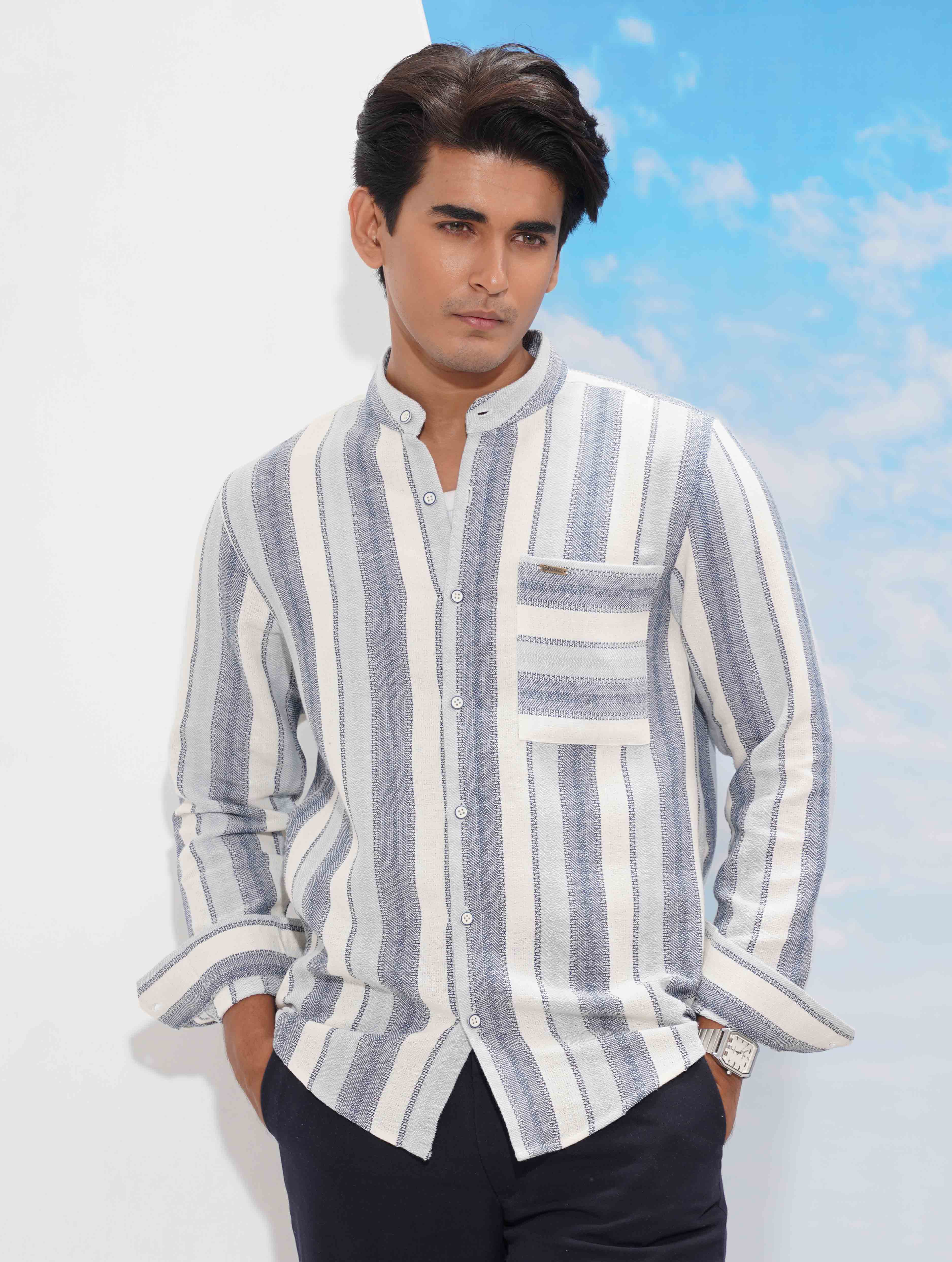 White ash sky stripe Band collar full sleeve shirt