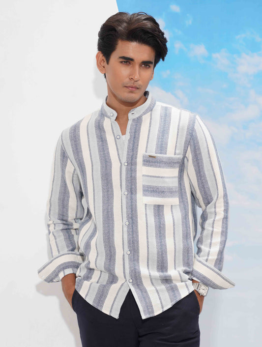 White ash sky stripe Band collar full sleeve shirt
