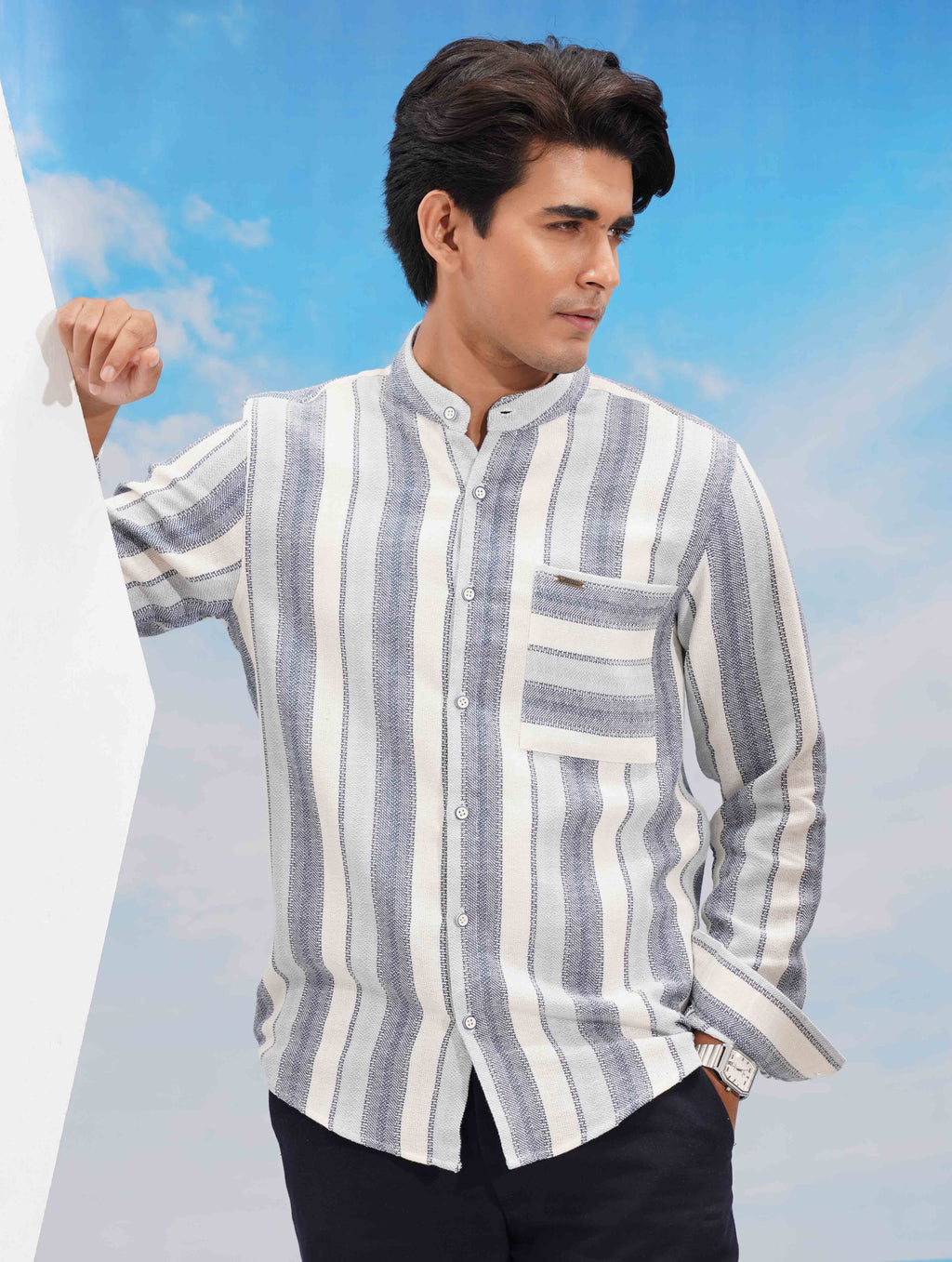 White ash sky stripe Band collar full sleeve shirt