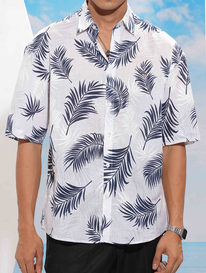 White Blue Leaf Printed Drop Shoulder Shirt