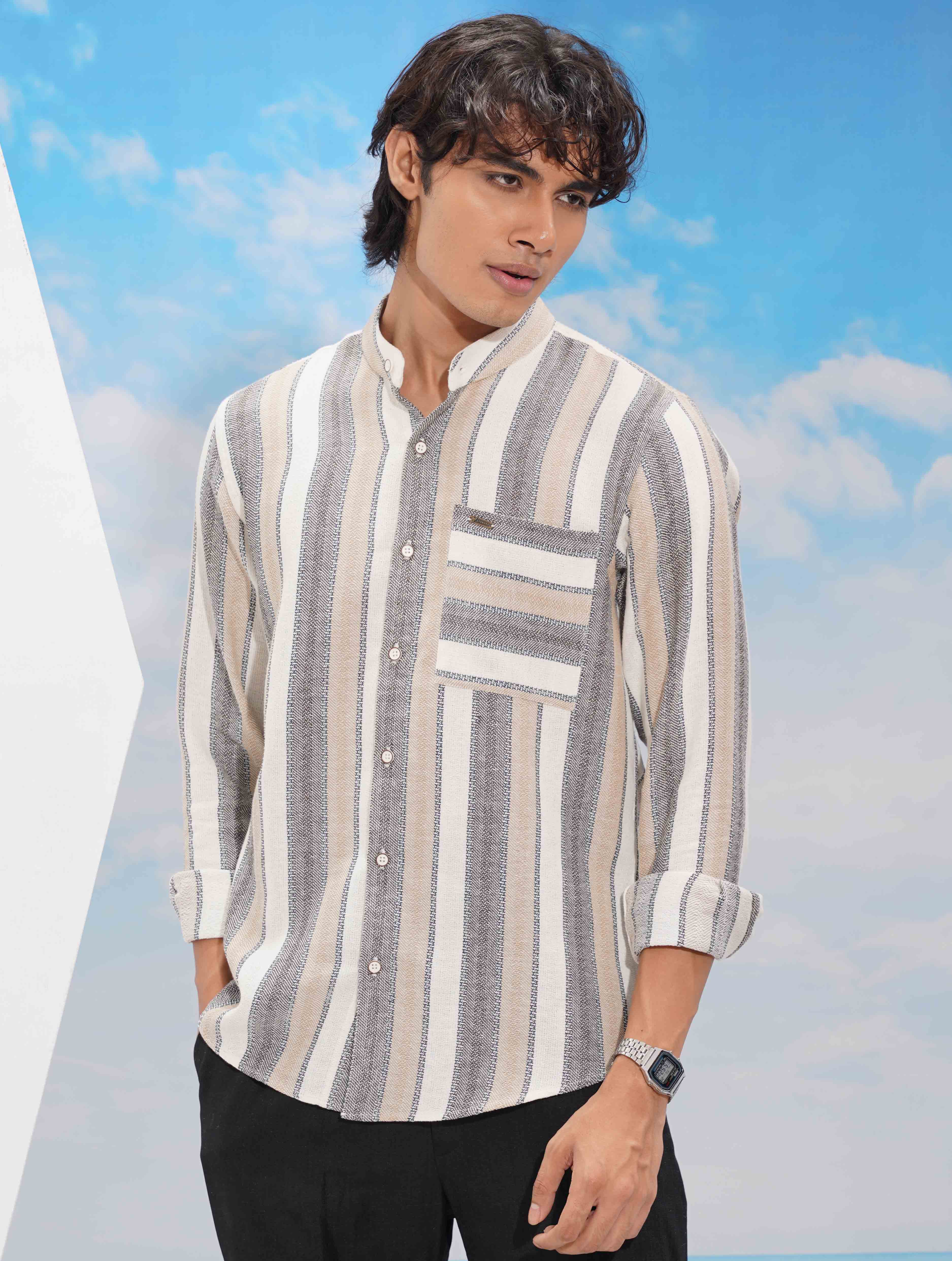 White ash cream stripe Band collar full sleeve shirt