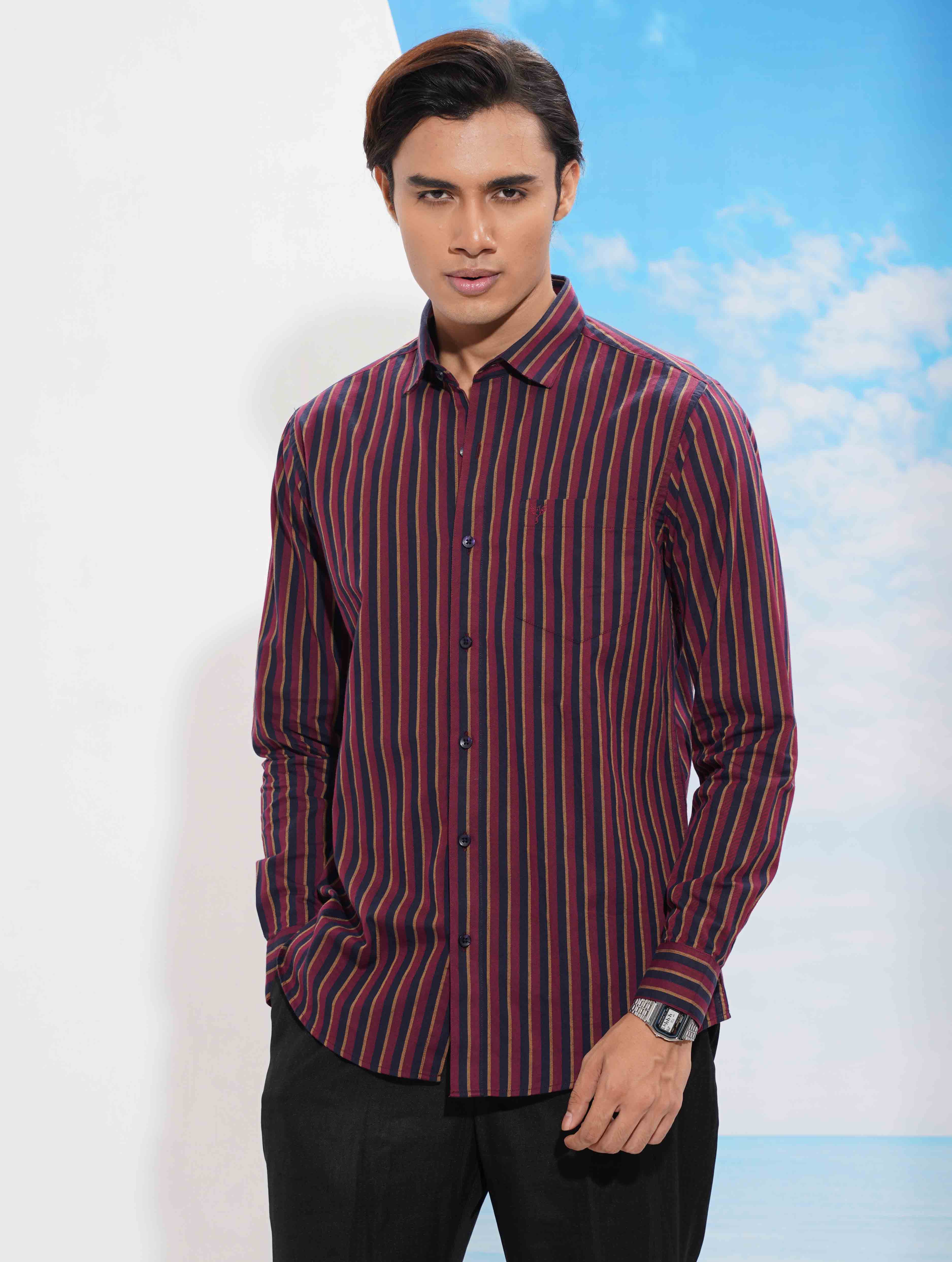 Deep Maroon Mustard stripe full sleeve shirt