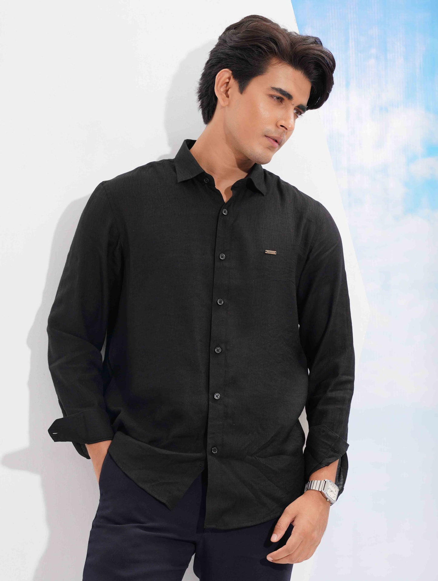 Black Solid Fancy Cotton Full Sleeve Shirt