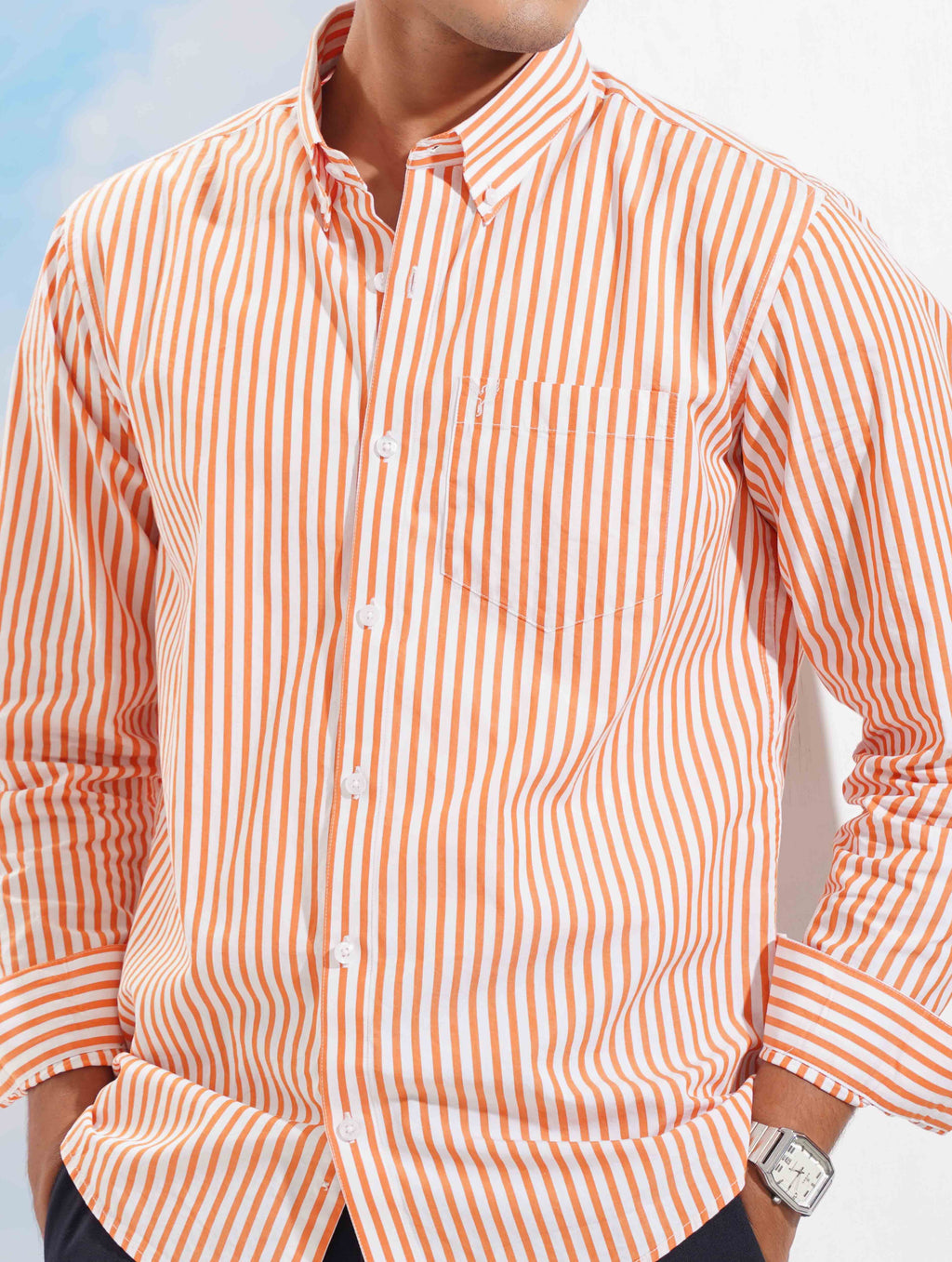 Orange white Stripe collar button Formal shirt