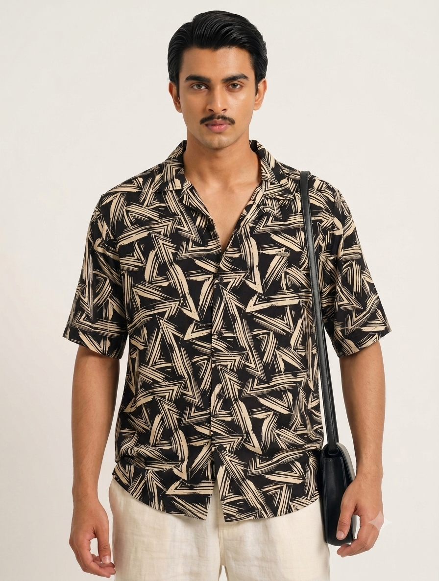 Black-cream transverse printed havana shirt
