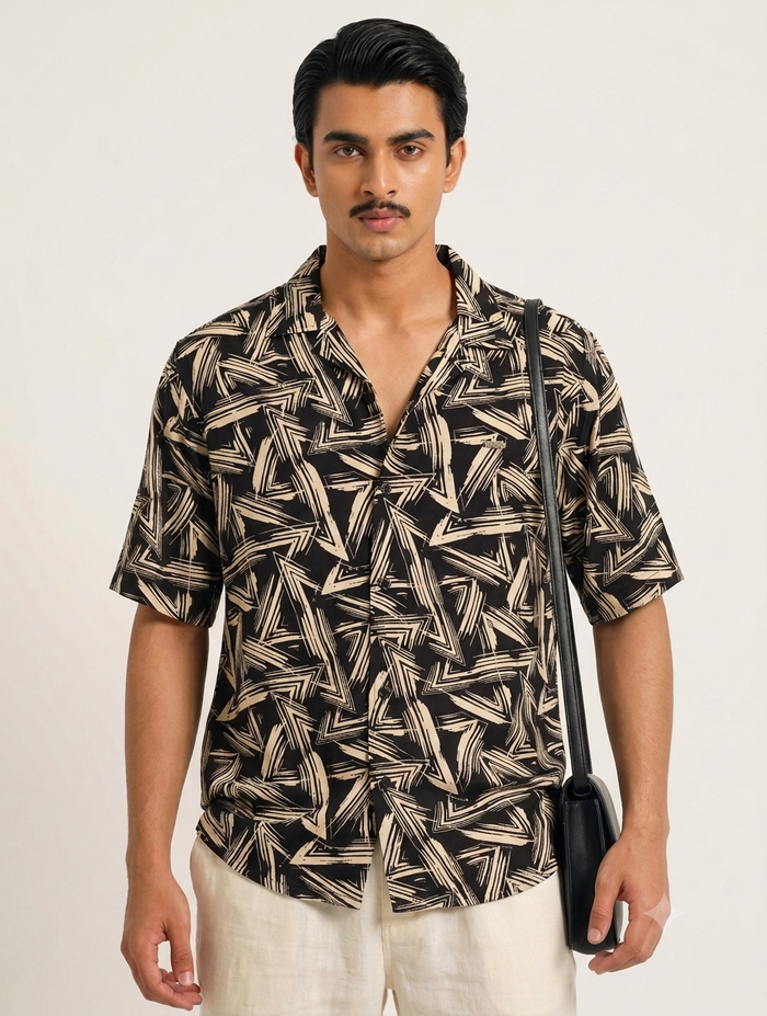 Black-cream transverse printed havana shirt