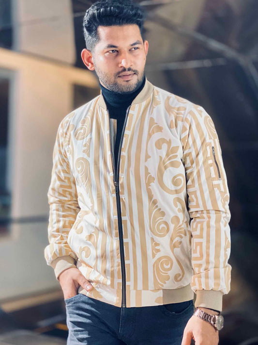 White cream printed bomber jacket