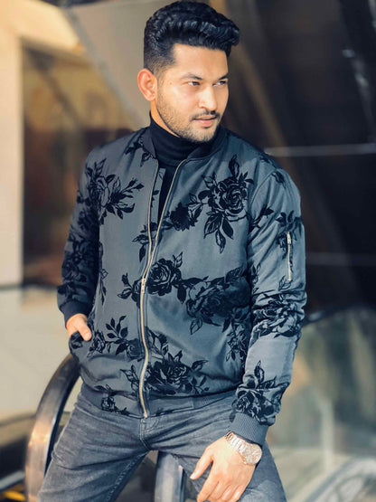 Black rose printed bomber jacket