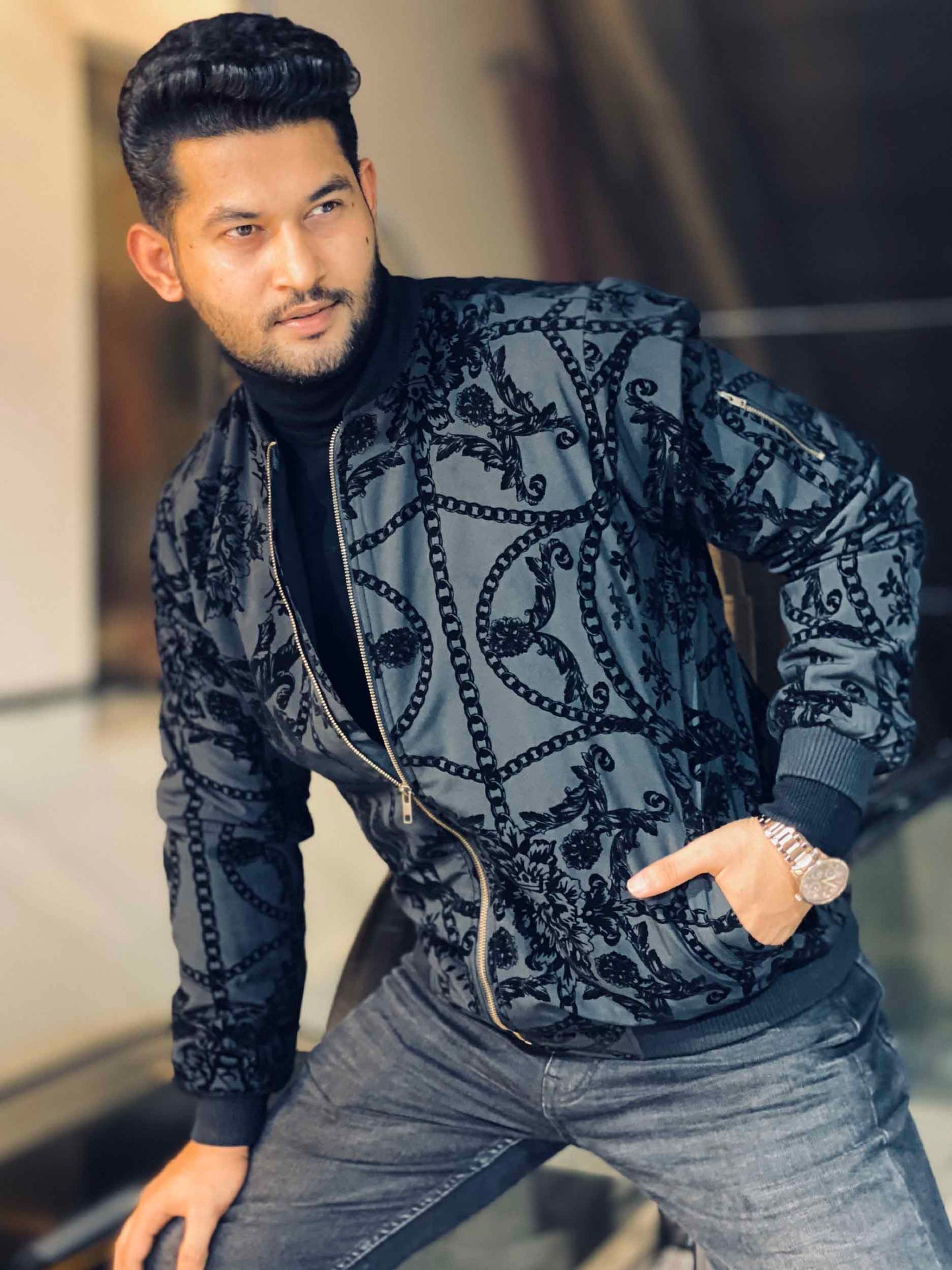 Black chain printed bomber jacket