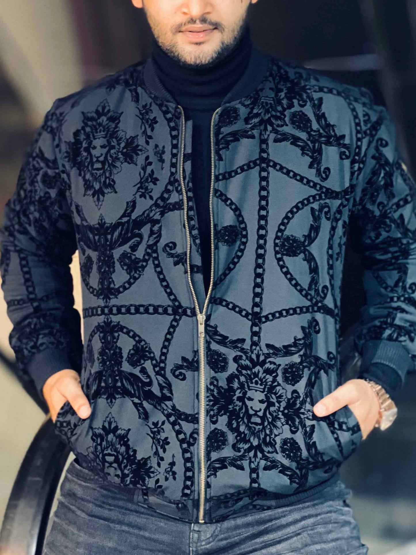 Black chain printed bomber jacket