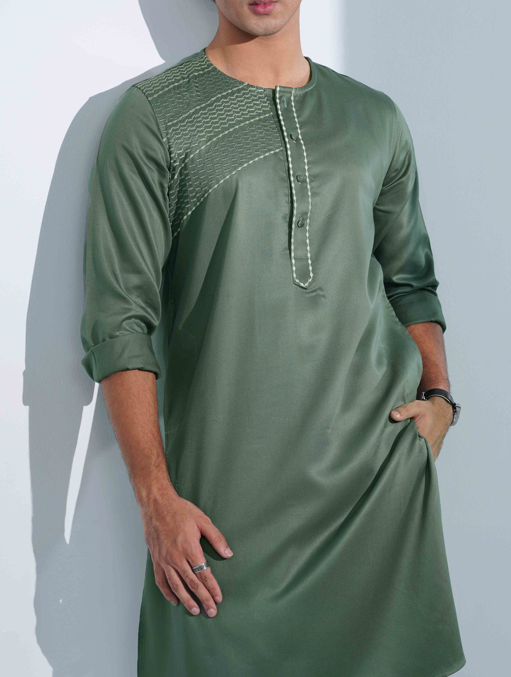 Olive Half EmbroideryDesigner Overlap Collar Panjabi