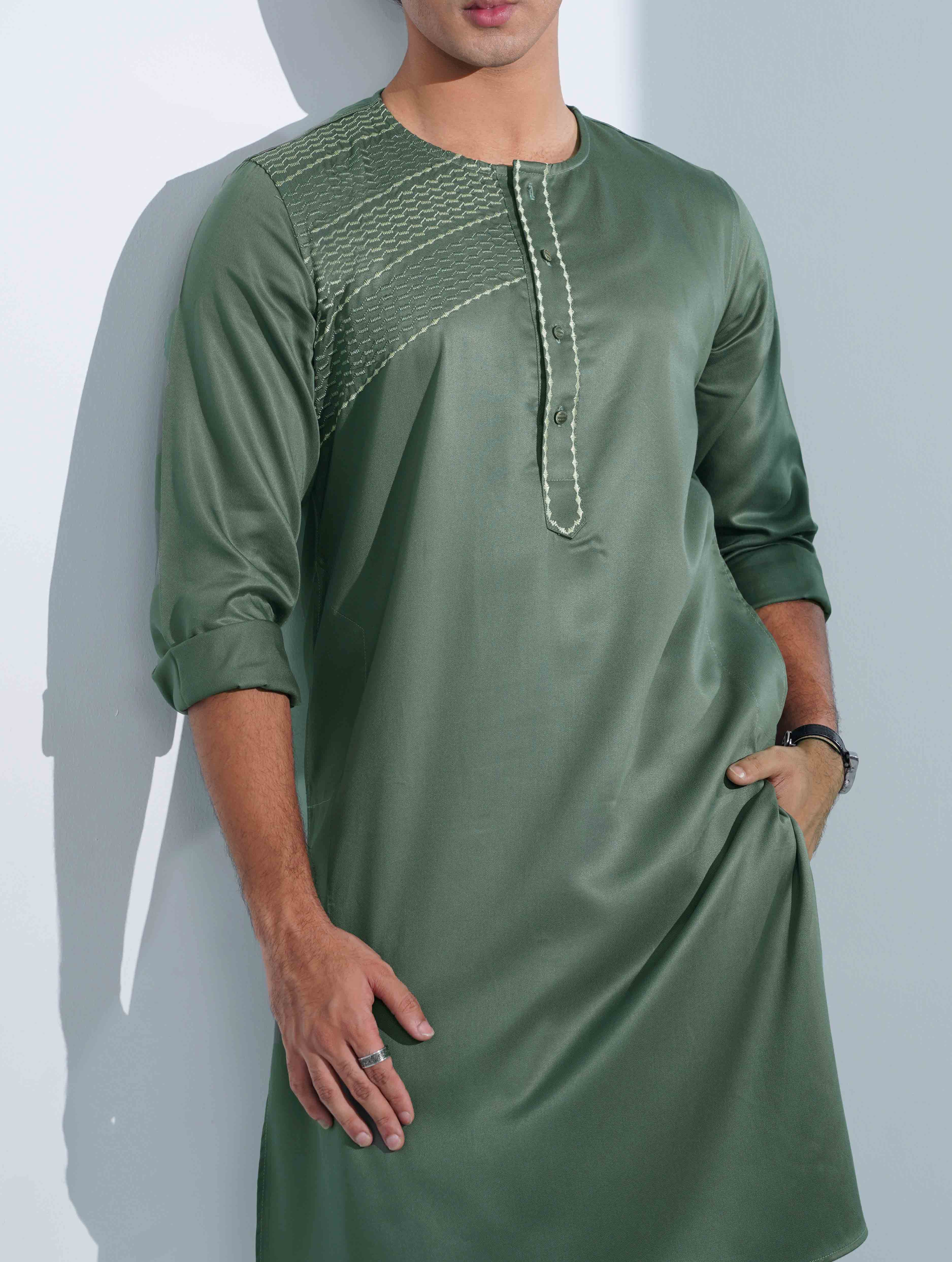 Olive Half EmbroideryDesigner Overlap Collar Panjabi
