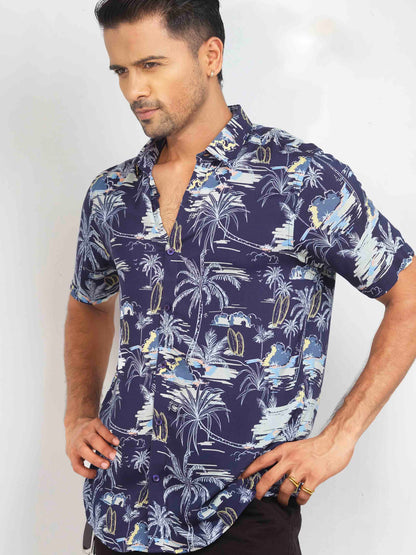 Blue printed linen half sleeve