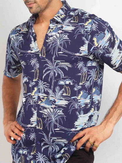 Blue printed linen half sleeve