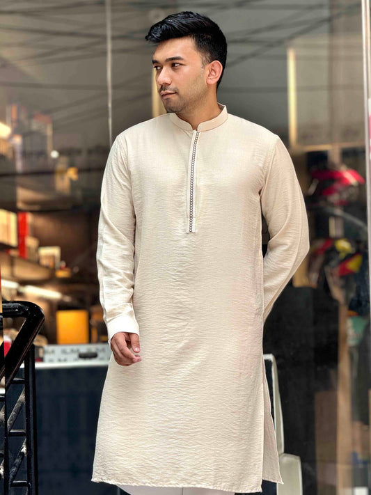 Cream Button Plate Embroidery premium Panjabi