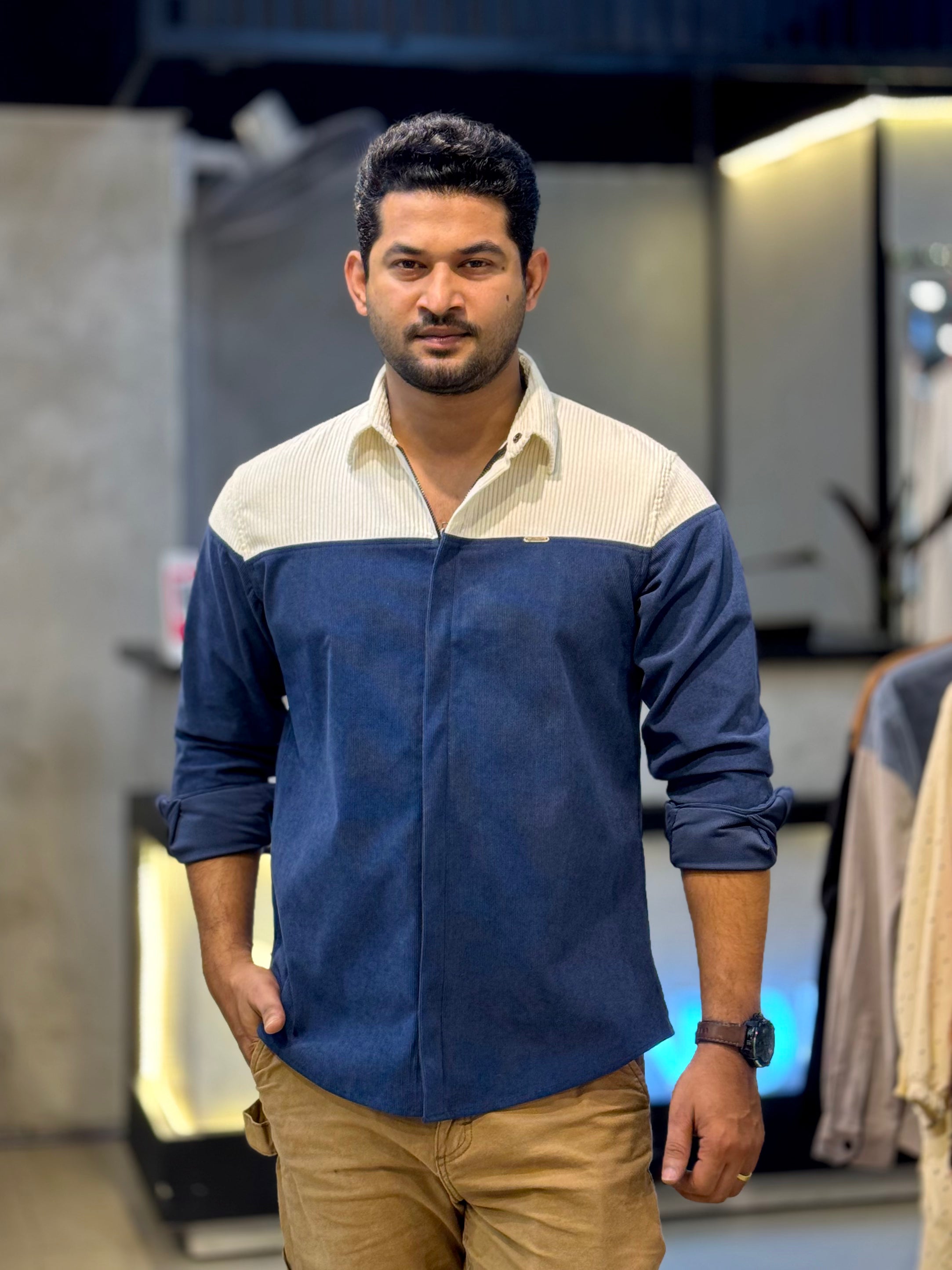 Cream blue Shoulder Contrast Premium Zipper Cord Shirt