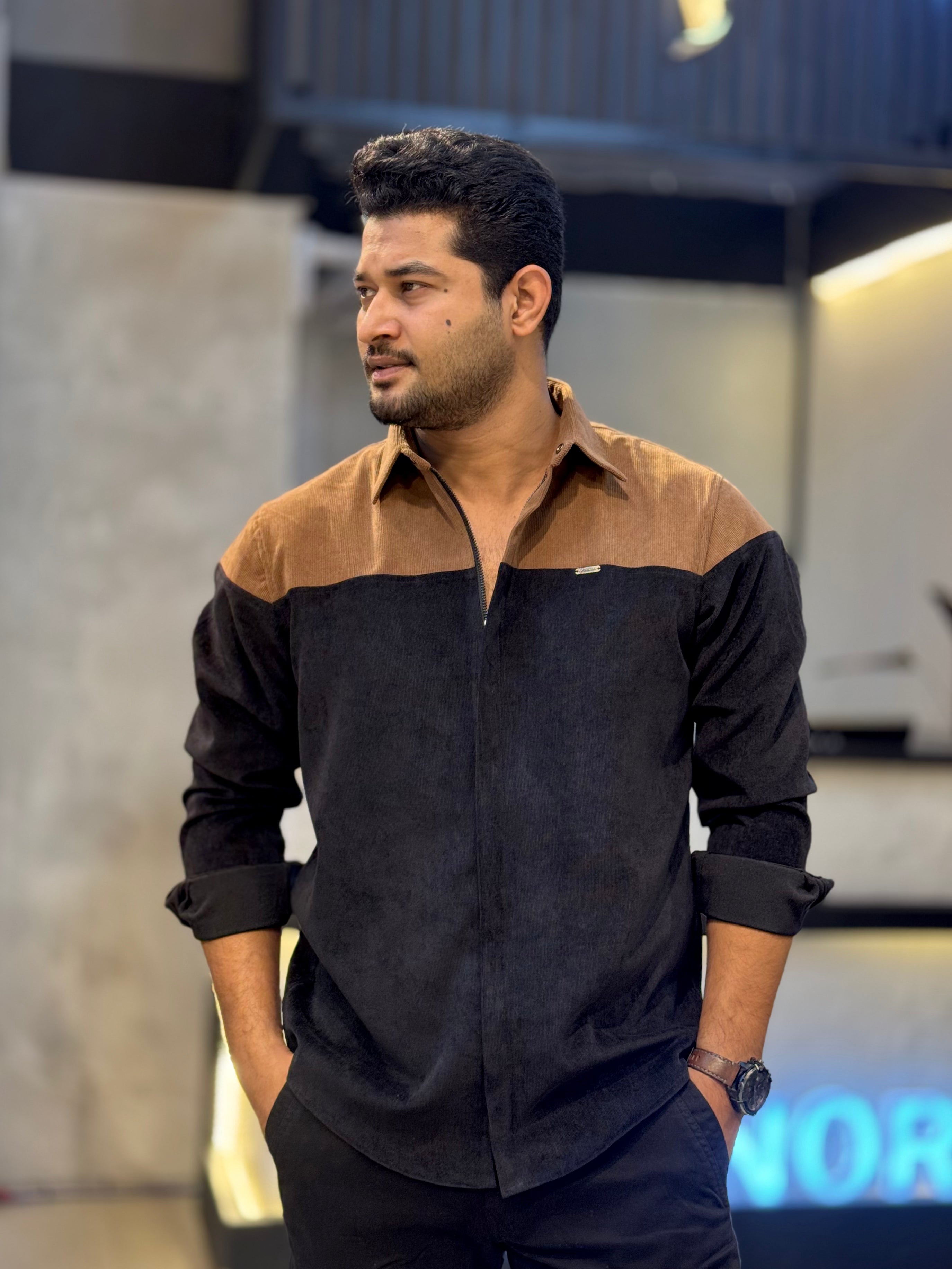 Black Coffee Shoulder Contrast Premium Zipper Cord Shirt