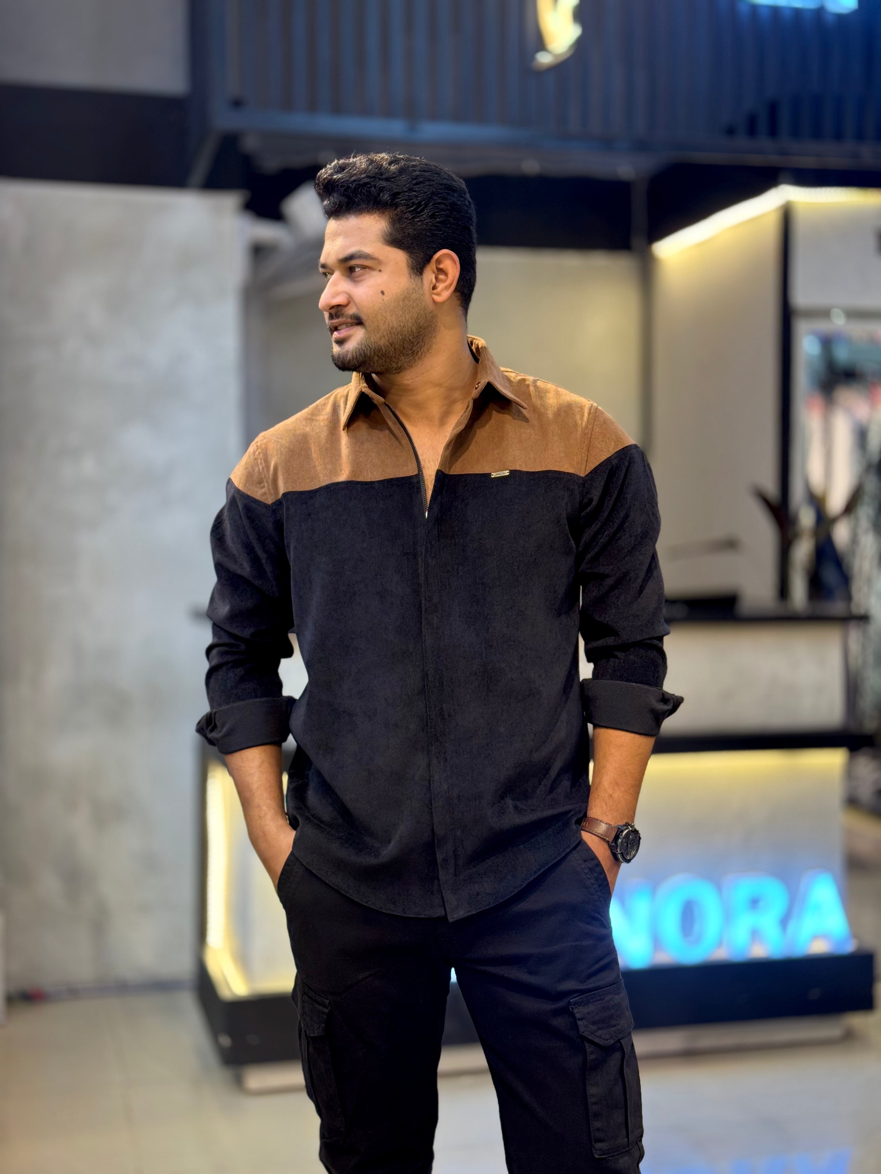 Black Coffee Shoulder Contrast Premium Zipper Cord Shirt