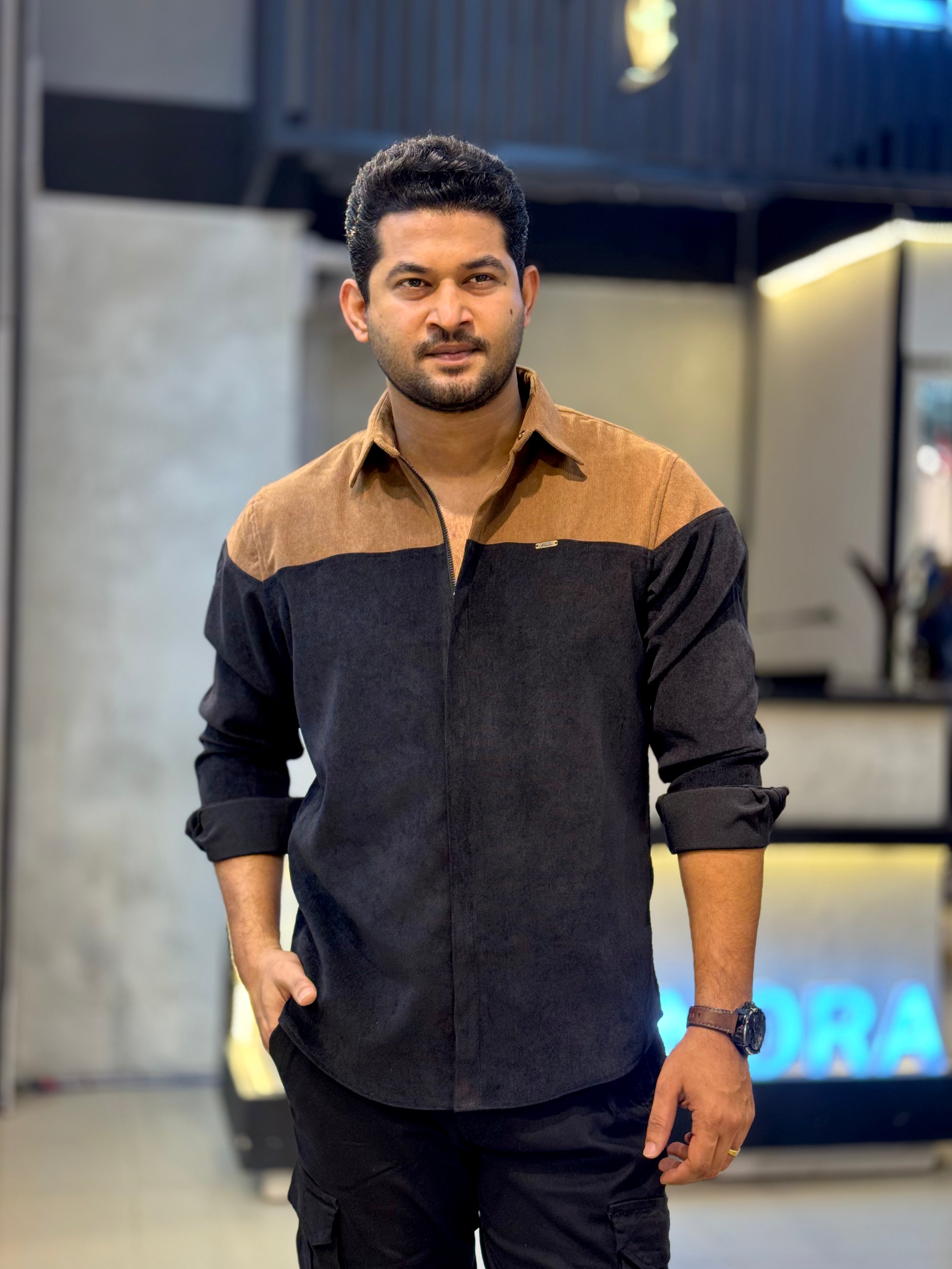 Black Coffee Shoulder Contrast Premium Zipper Cord Shirt