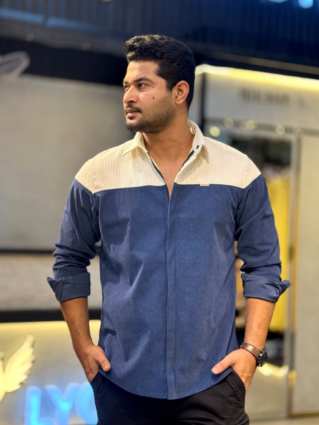 Cream blue Shoulder Contrast Premium Zipper Cord Shirt