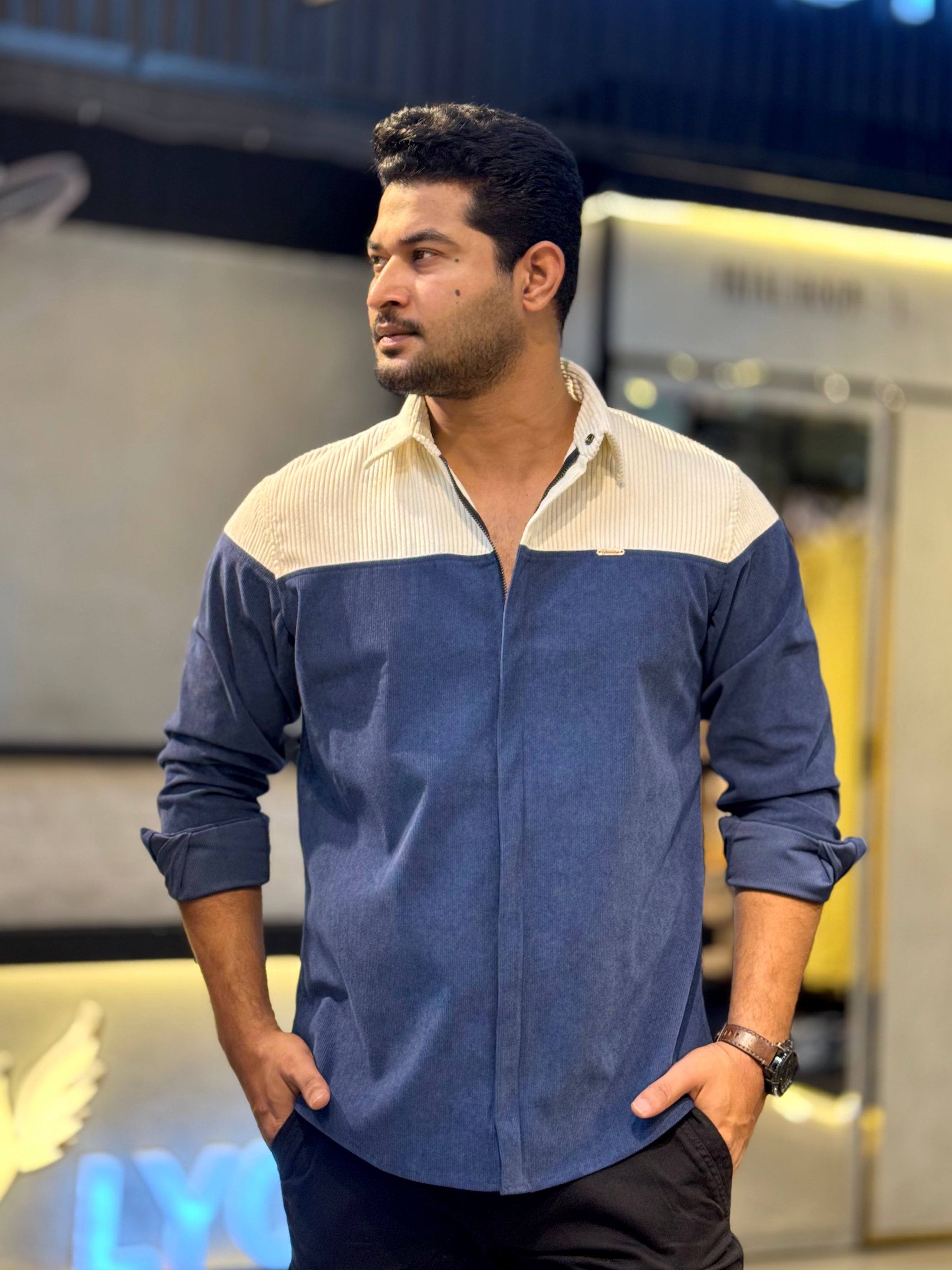 Cream blue Shoulder Contrast Premium Zipper Cord Shirt