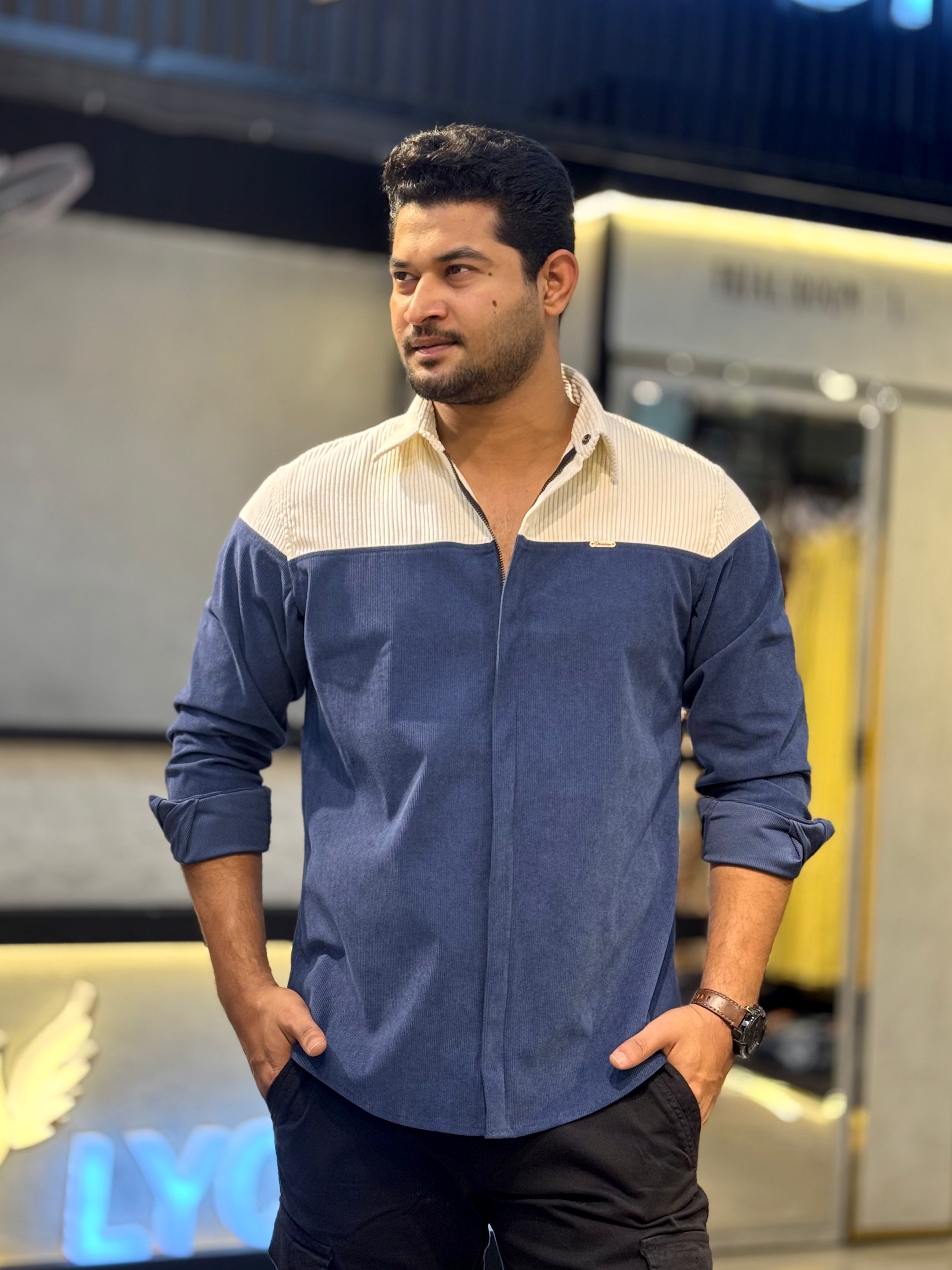 Cream blue Shoulder Contrast Premium Zipper Cord Shirt