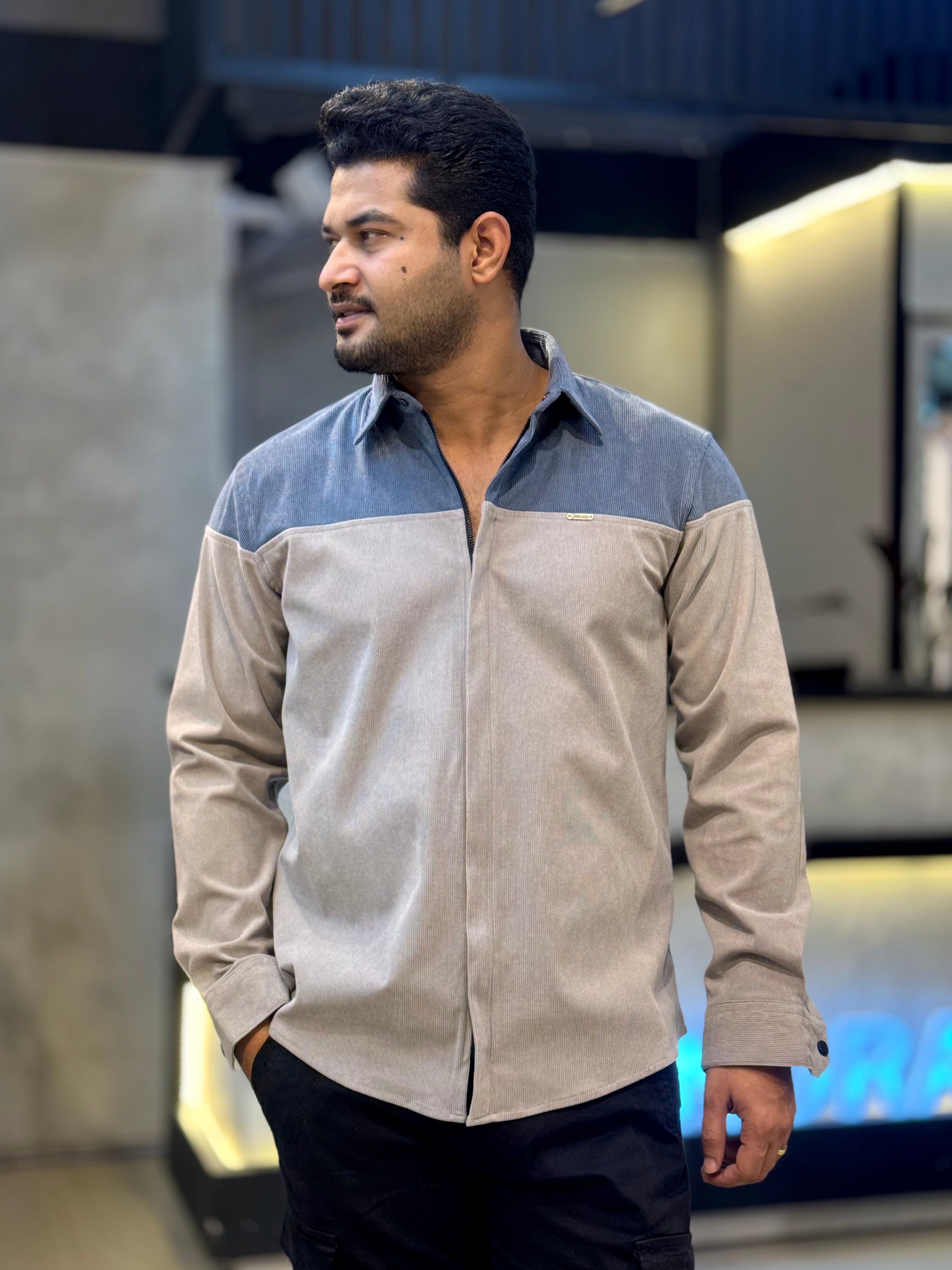 Blue Gray Shoulder Contrast Premium Zipper Cord Shirt