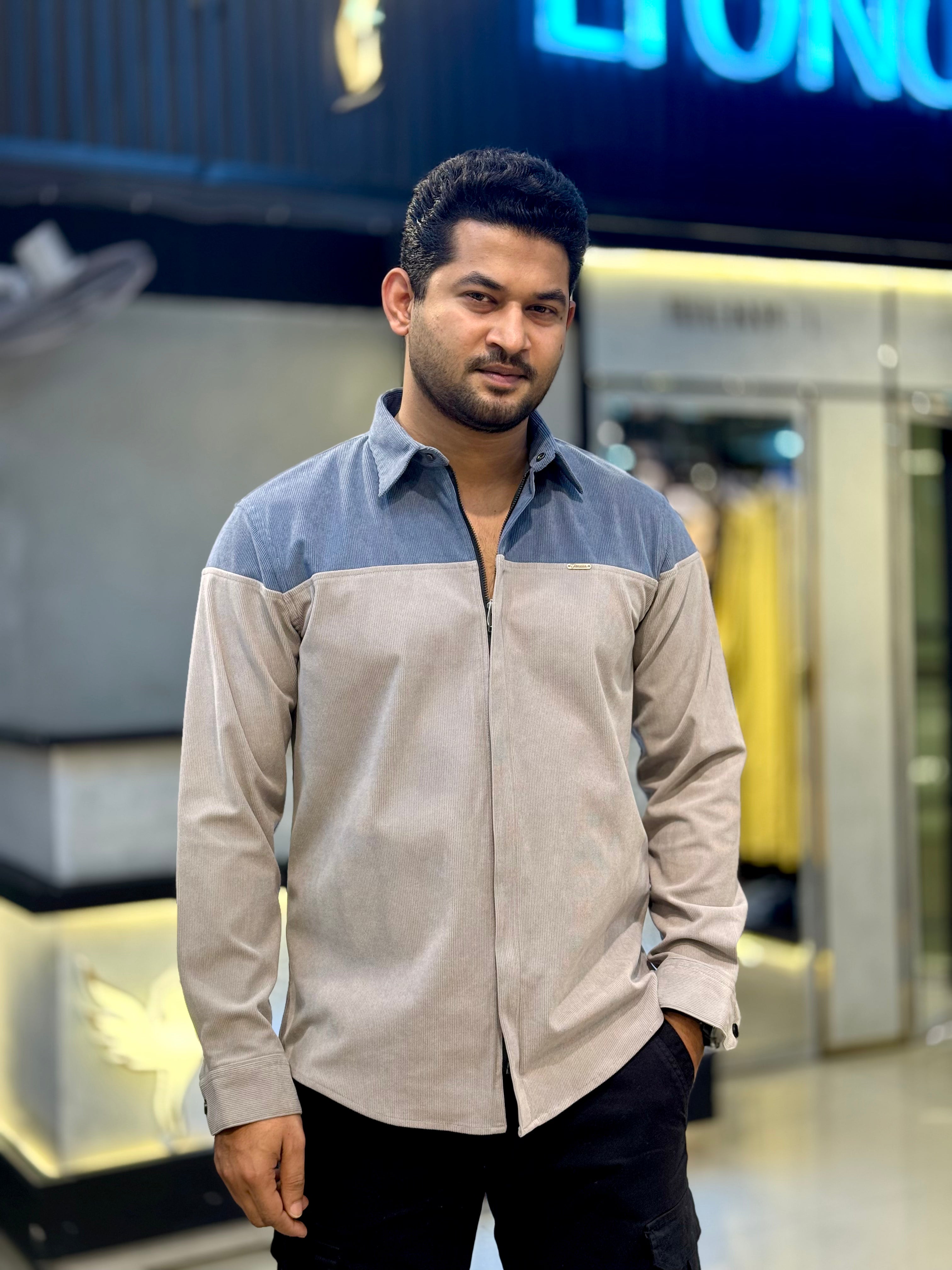 Blue Gray Shoulder Contrast Premium Zipper Cord Shirt