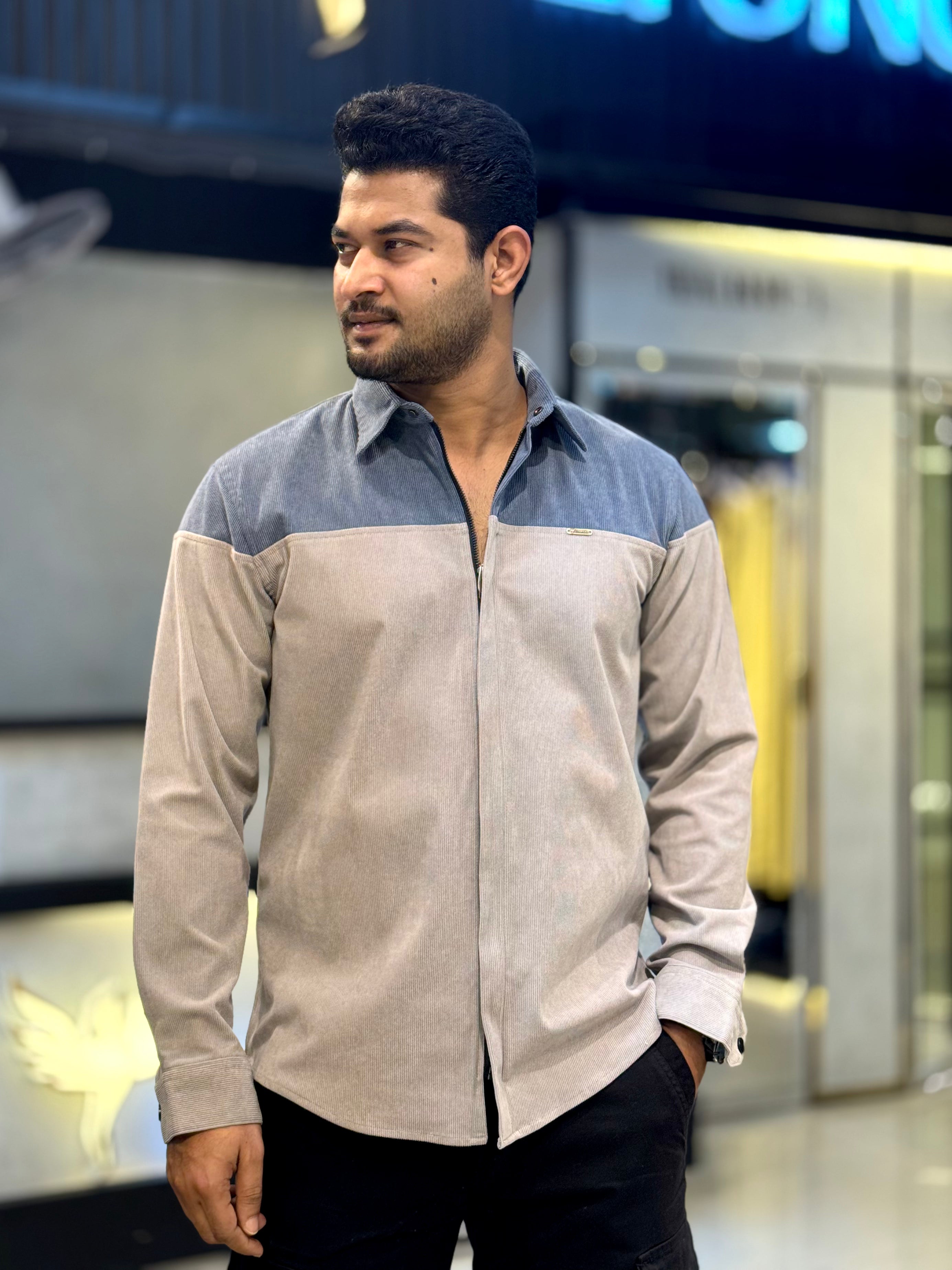 Blue Gray Shoulder Contrast Premium Zipper Cord Shirt