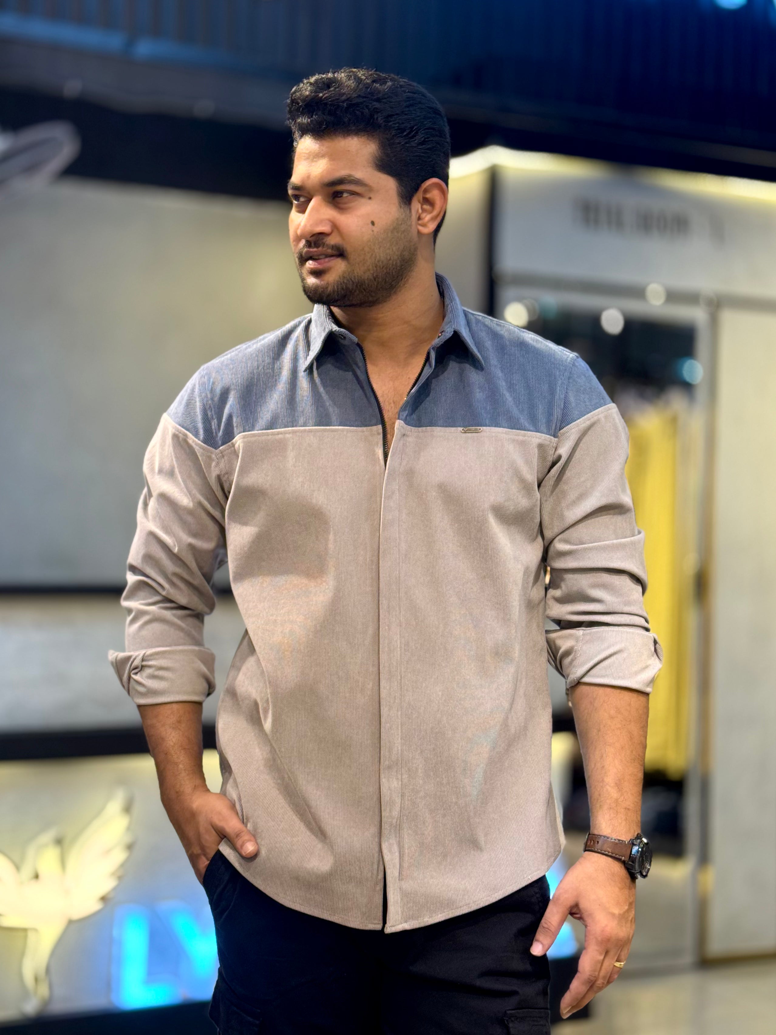 Blue Gray Shoulder Contrast Premium Zipper Cord Shirt