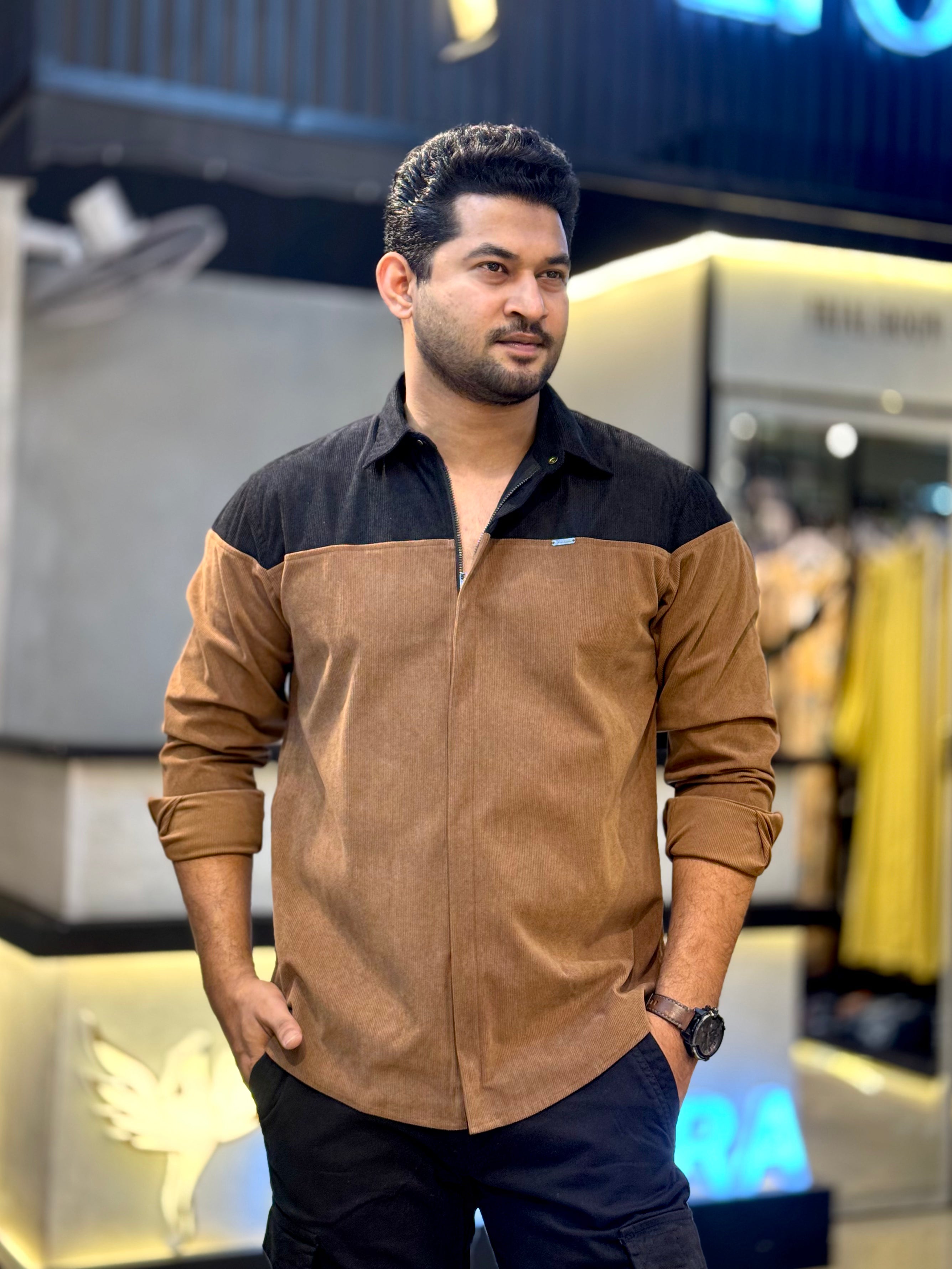 Coffee Black Opposite color Shoulder Contrast Premium Zipper Cord Shirt