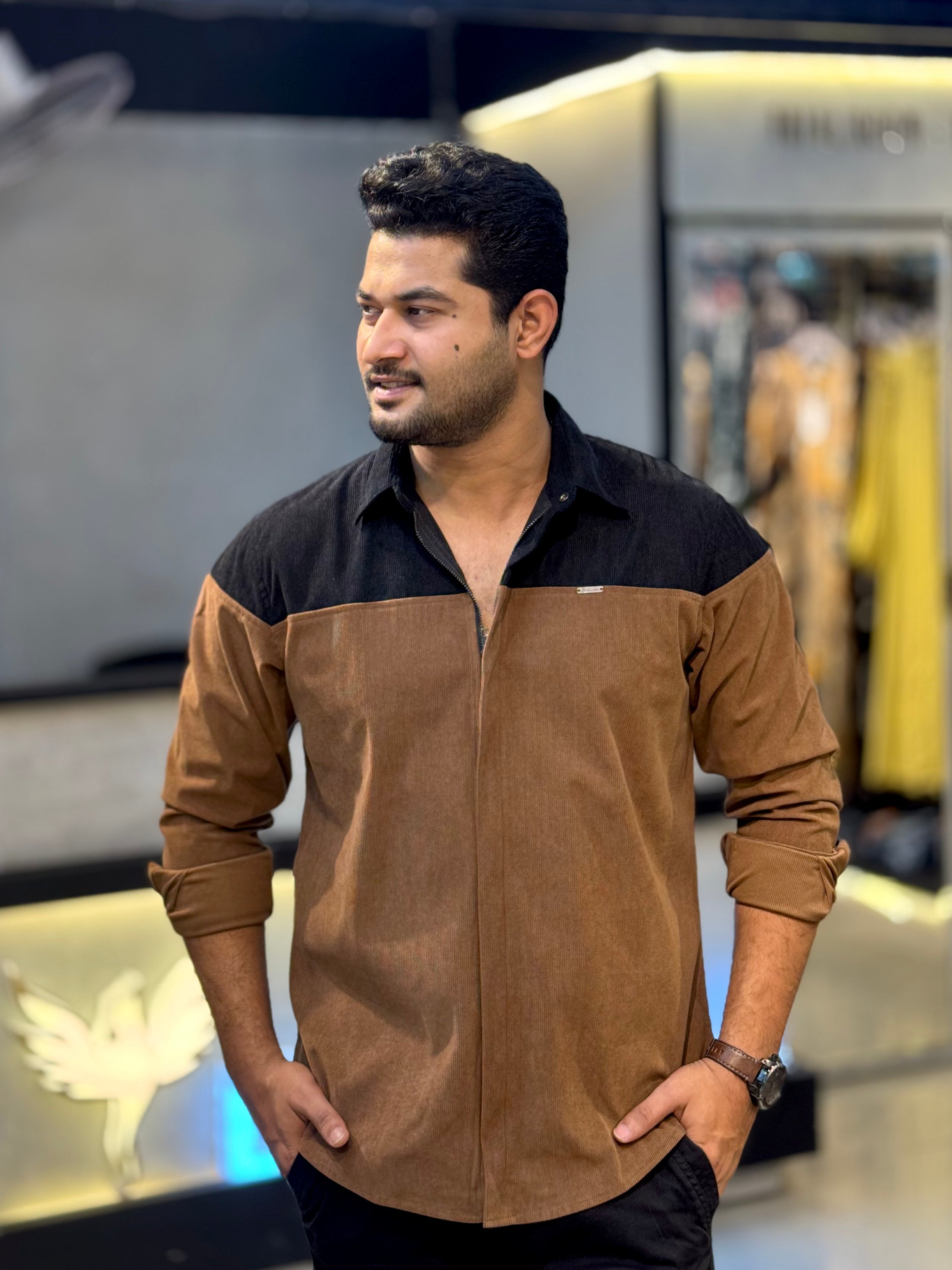 Coffee Black Opposite color Shoulder Contrast Premium Zipper Cord Shirt