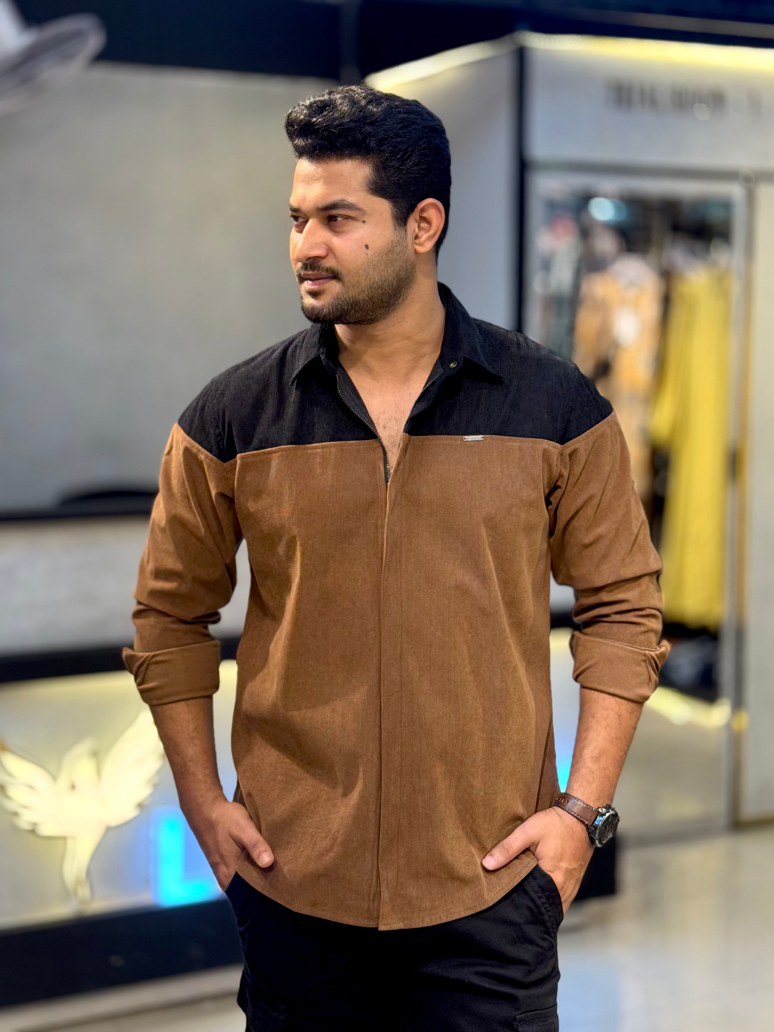 Coffee Black Opposite color Shoulder Contrast Premium Zipper Cord Shirt