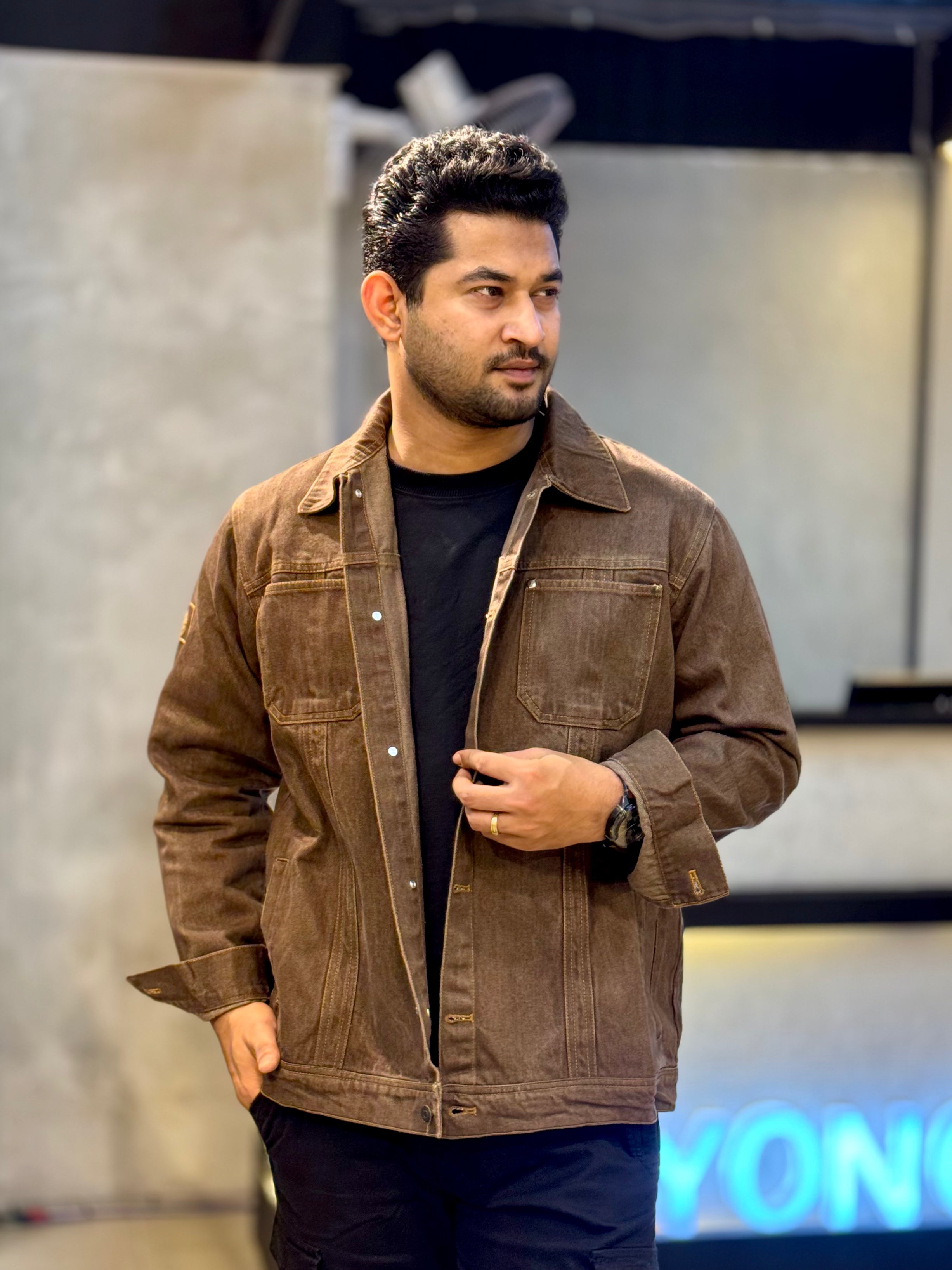 Dark Coffee Thread Contrast denim jacket