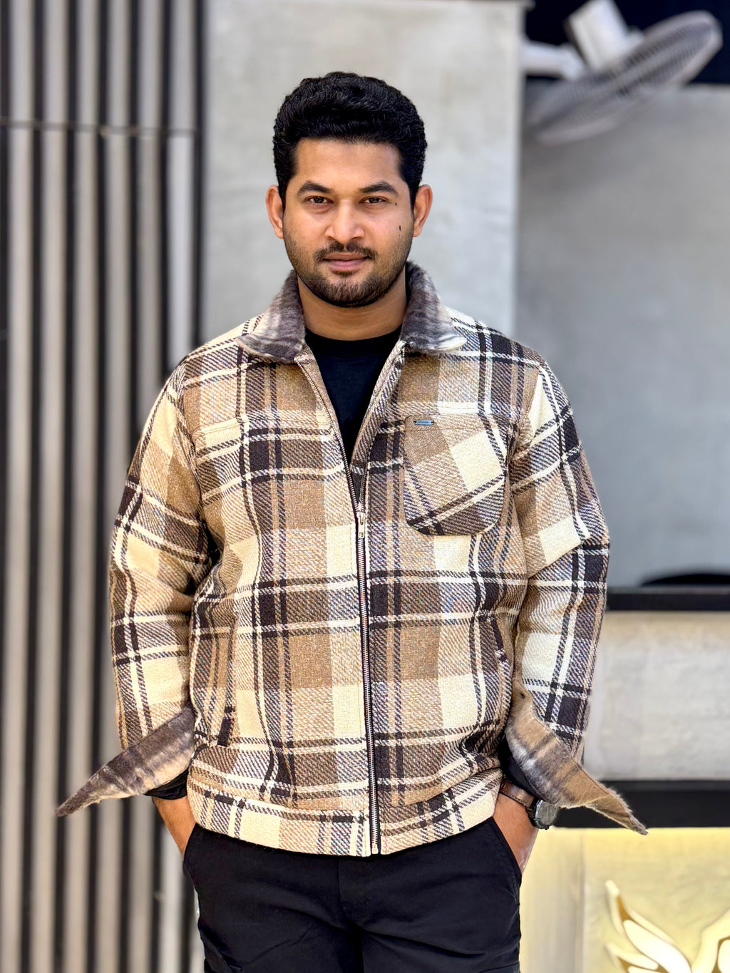 Desert Brown - Cream Check flannel jacket
