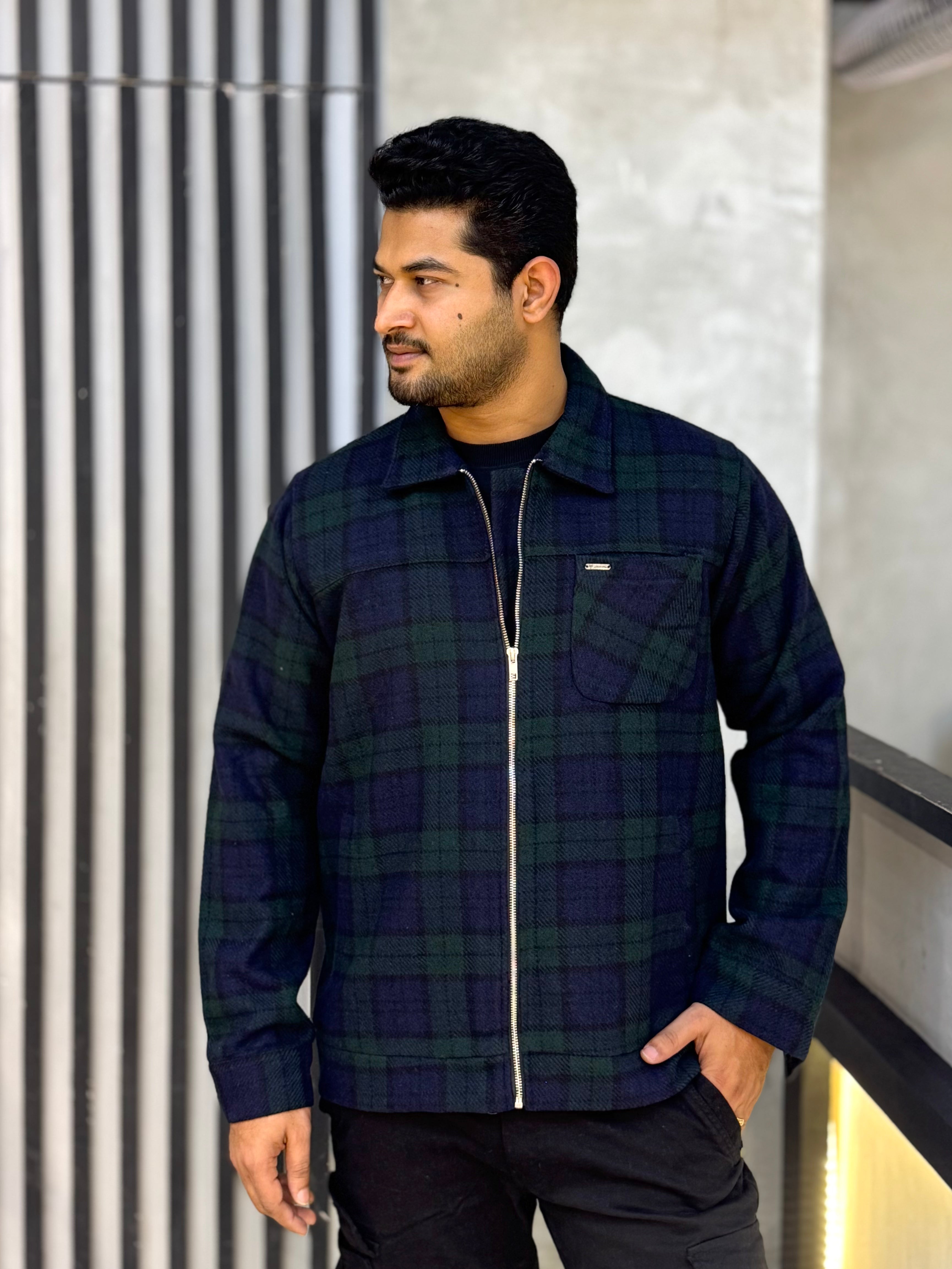Castleton Green - Navy Blue Check flannel jacket – LYONORA