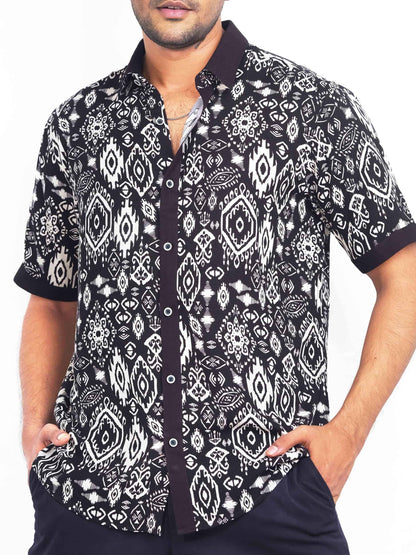 Black -white nakshi printed linen half sleeve shirt